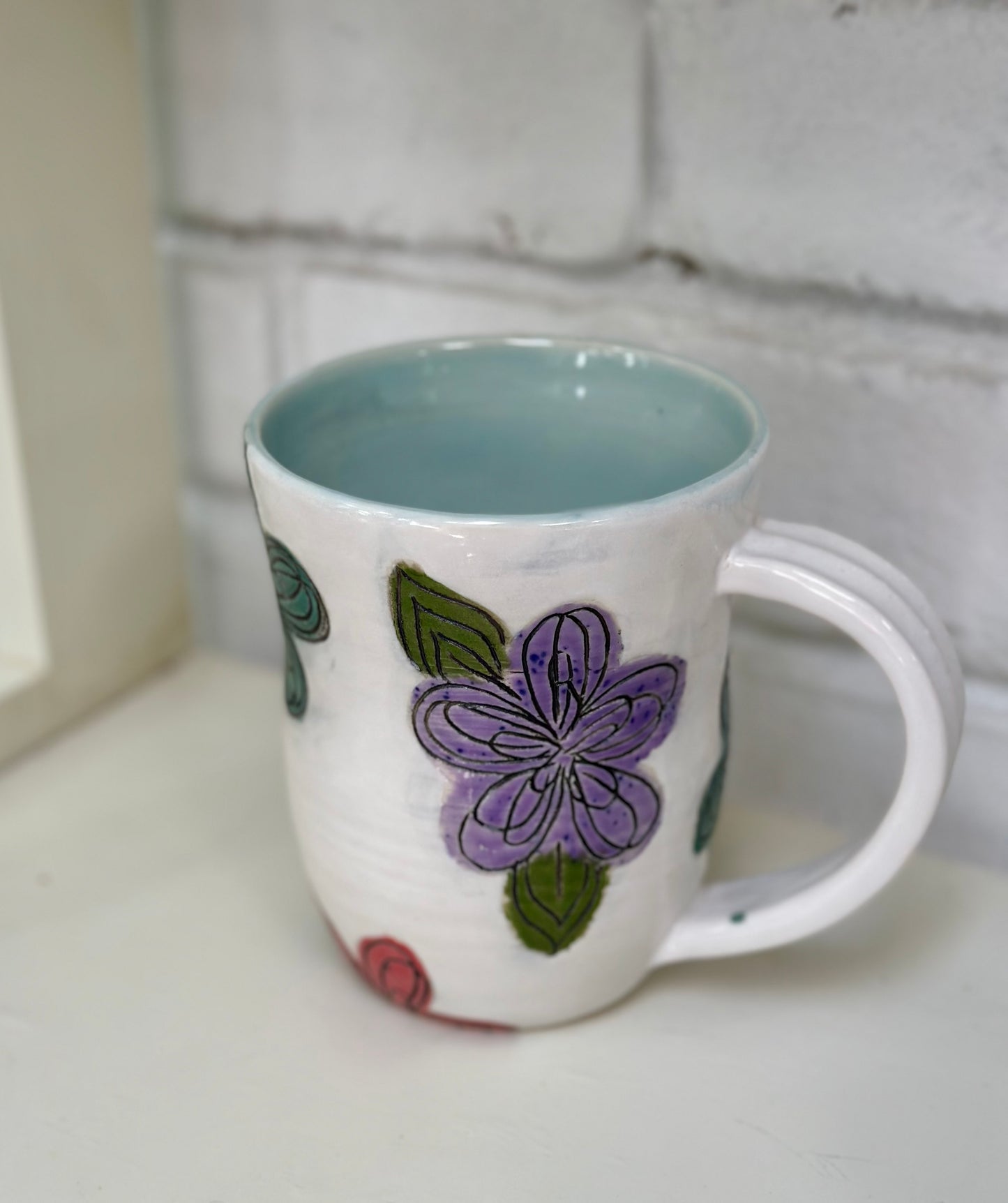 Ceramic Stoneware Carved Flowers Coffee Tea Mug Cup Botanical Floral Pottery Floral Pride