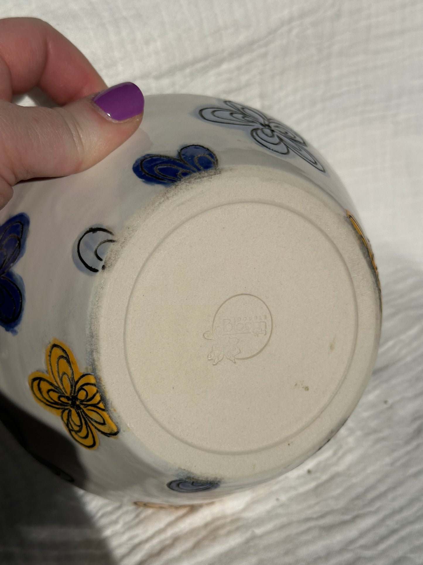 Ceramic Stoneware Blue Yellow White Carved Flowers Bowl Cereal Everyday Serving Pottery