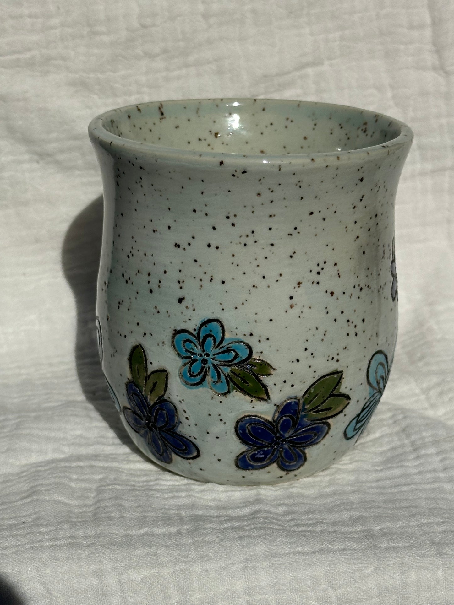 Ceramic Stoneware Carved Blue Multi Colored Flowers Coffee Tea Mug Cup Botanical Floral Pottery Floral Pride