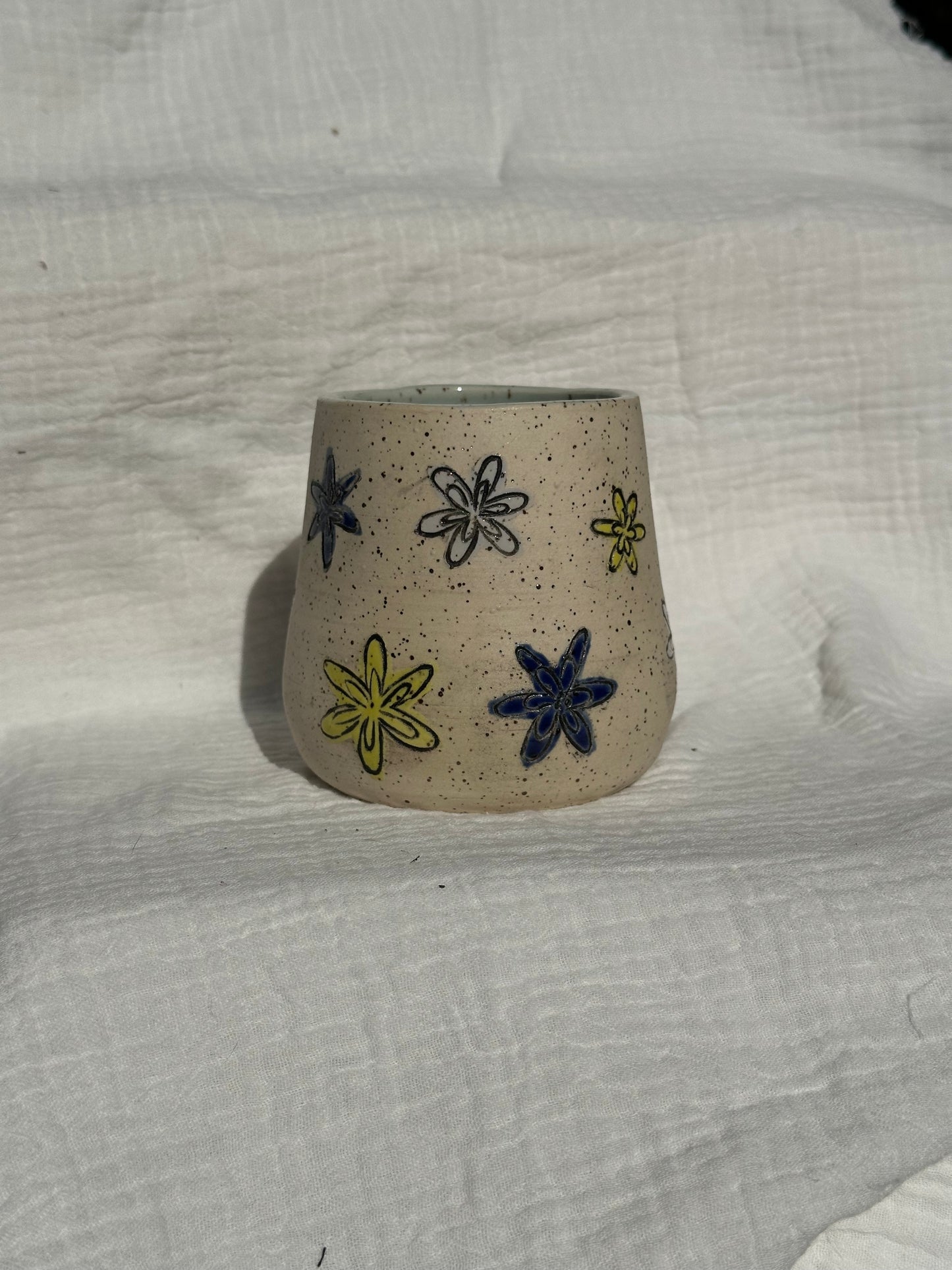 Ceramic Stoneware Carved Blue Yellow and Light Blue Carved Flowers Wine Whiskey Cup Botanical Floral Pottery Floral Tumbler