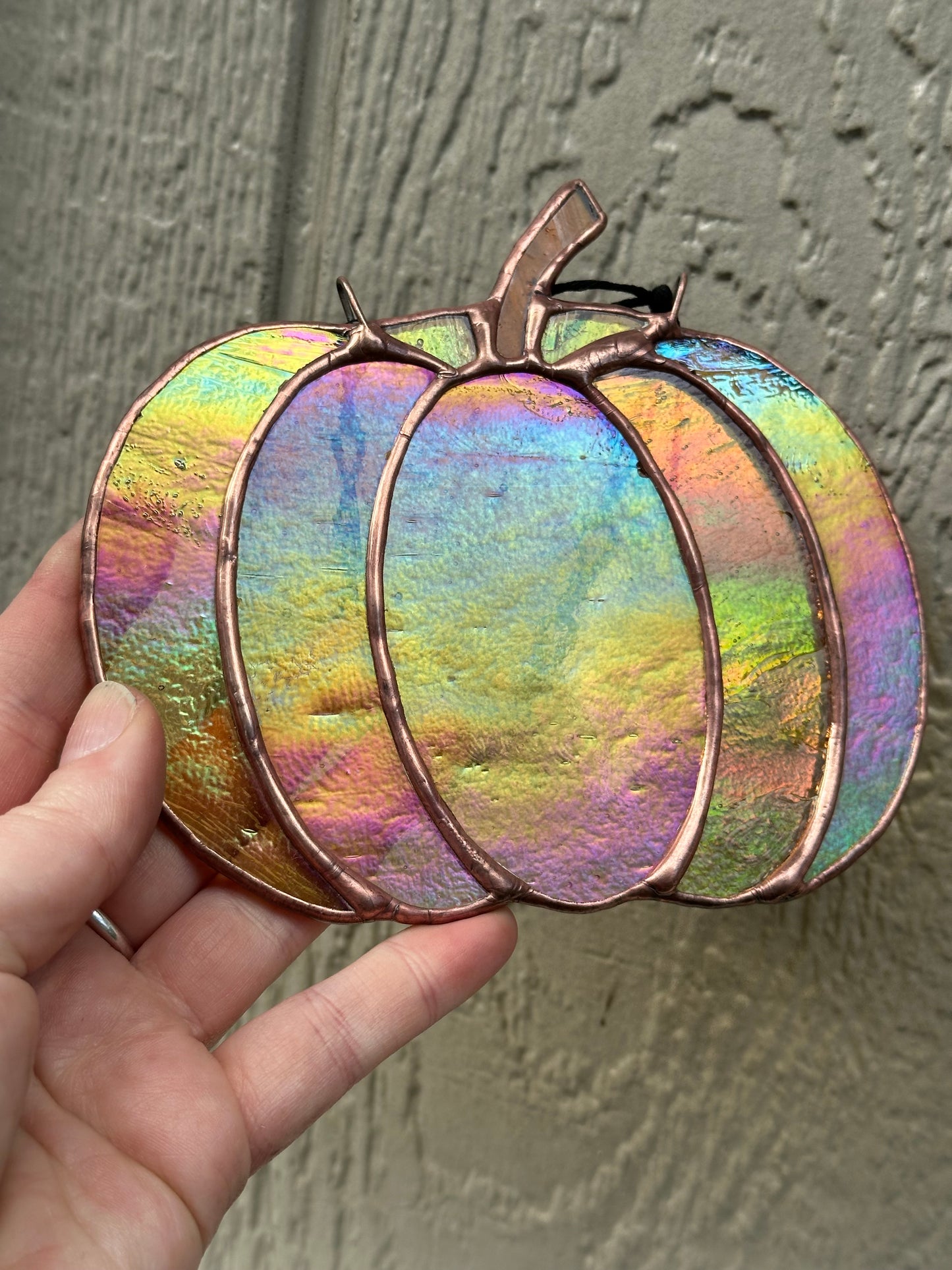 Stained Glass Halloween Pumpkin Gourd Fall Amber Iridescent Copper Patina Suncatcher Window Decoration Glass Art Gift Thanksgiving Housewarming