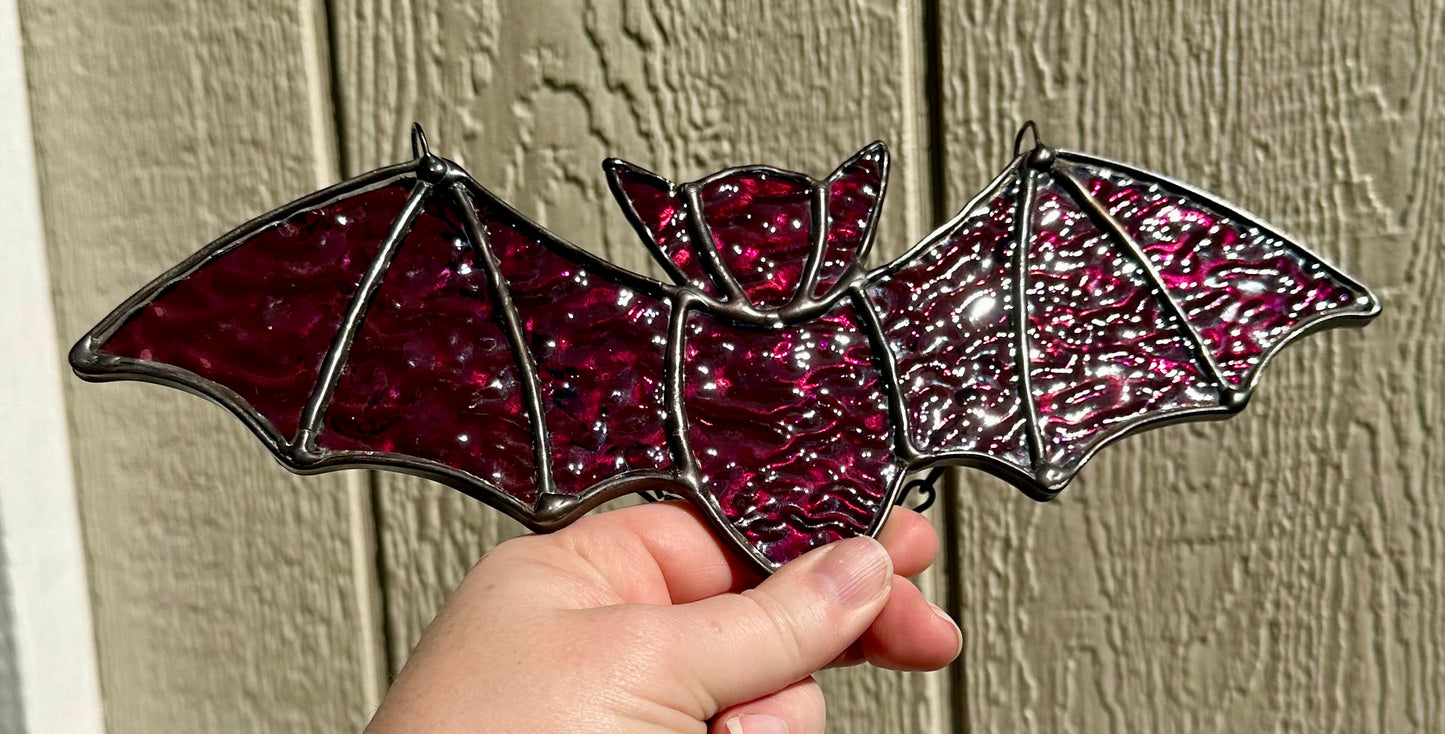 Stained Glass Halloween Bat Purple Iridescent Dichroic Dichro Black Patina Suncatcher Window Decoration Glass Art Plant Lover Gift