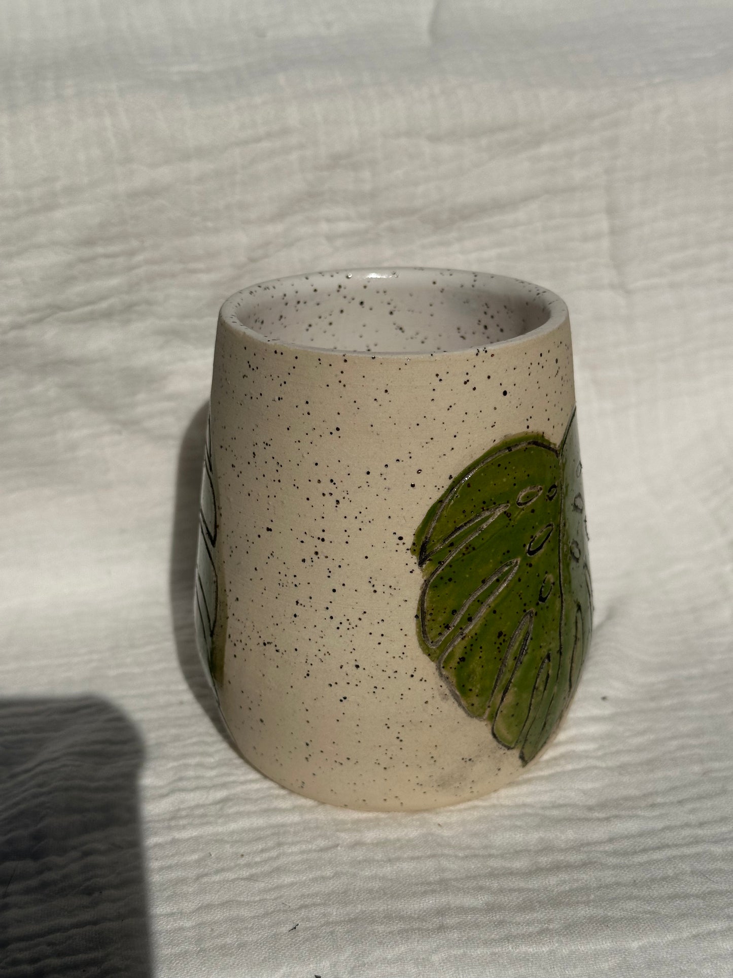 Ceramic Stoneware Carved Monstera Leaves Wine Whiskey Cup Botanical Floral Pottery Floral Tumbler