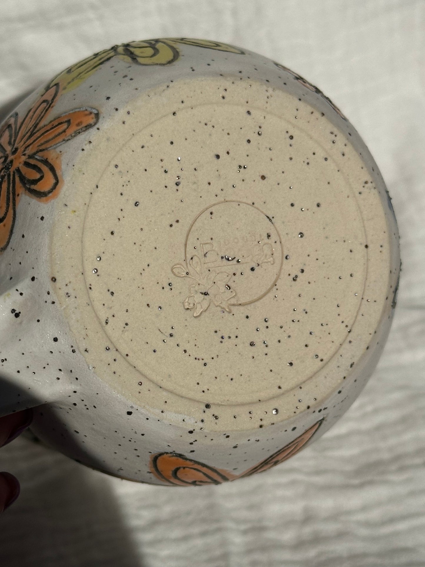 Ceramic Stoneware Carved Orange Yellow and Blue Multi Colored Flowers Coffee Tea Mug Cup Botanical Floral Pottery Floral Pride