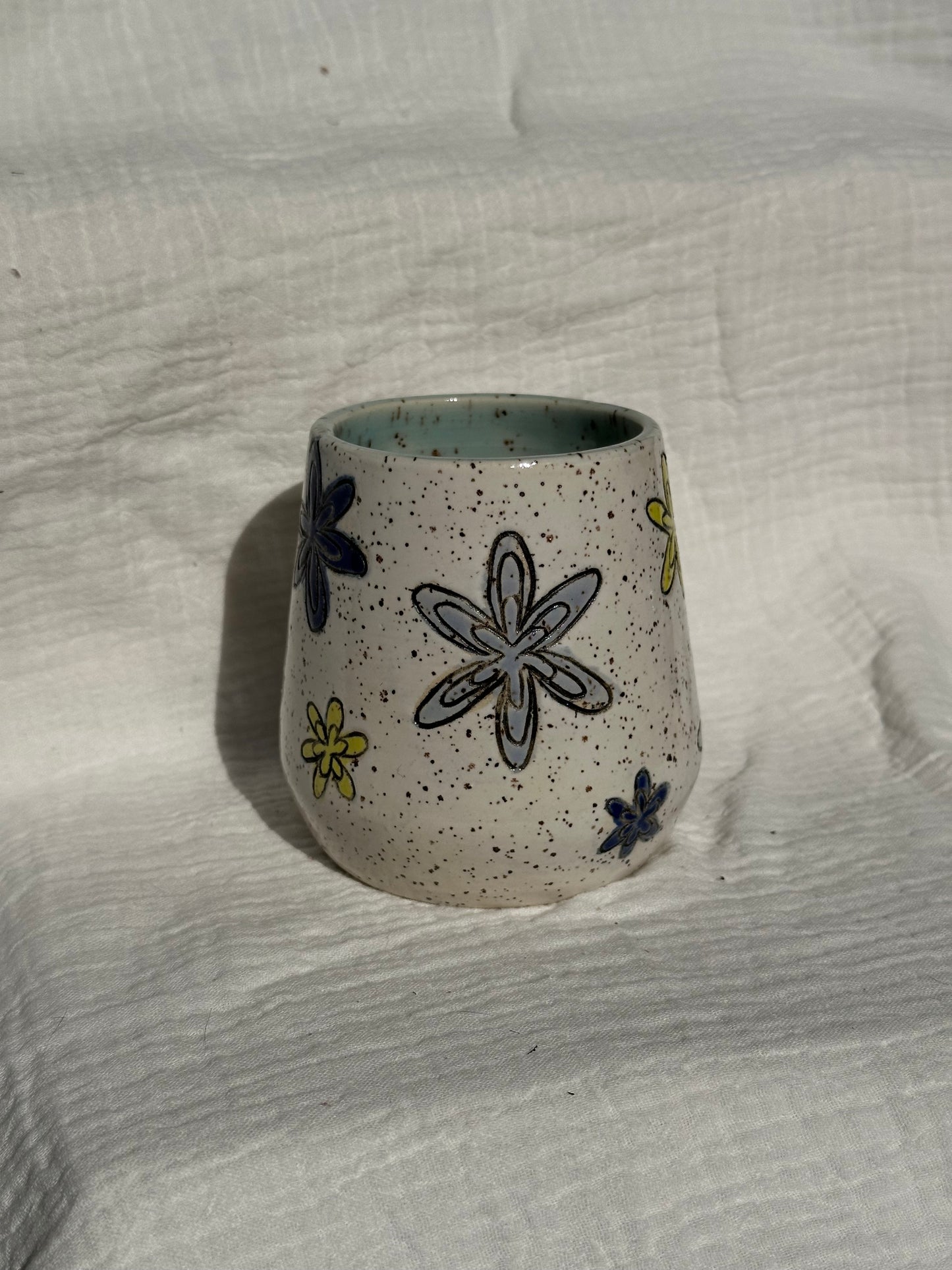 Ceramic Stoneware Carved Blue Yellow and Light Blue Carved Flowers Wine Whiskey Cup Botanical Floral Pottery Floral Tumbler