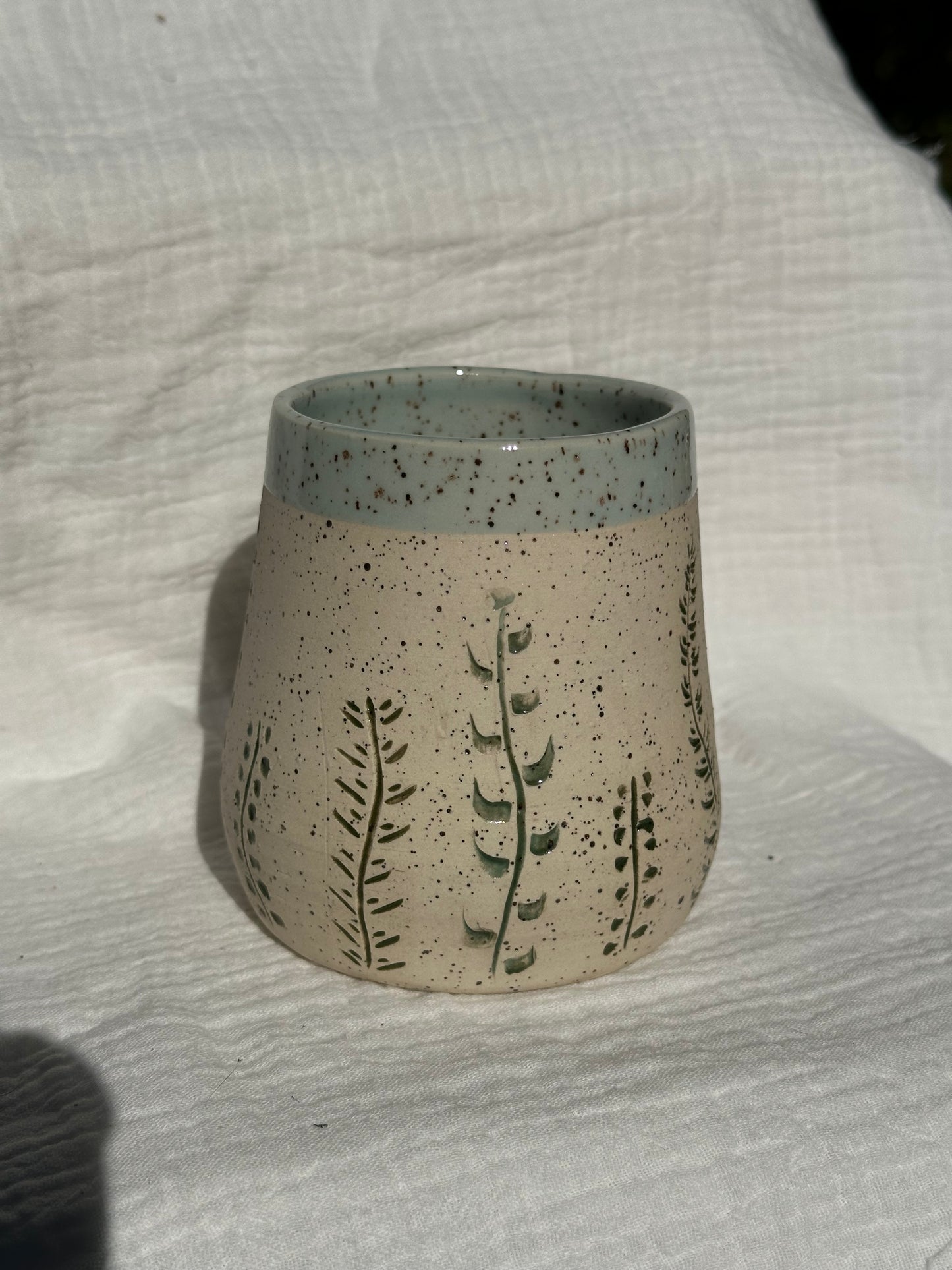 Ceramic Stoneware Carved Flowers Wine Whiskey Cup Botanical Floral Pottery Floral Tumbler