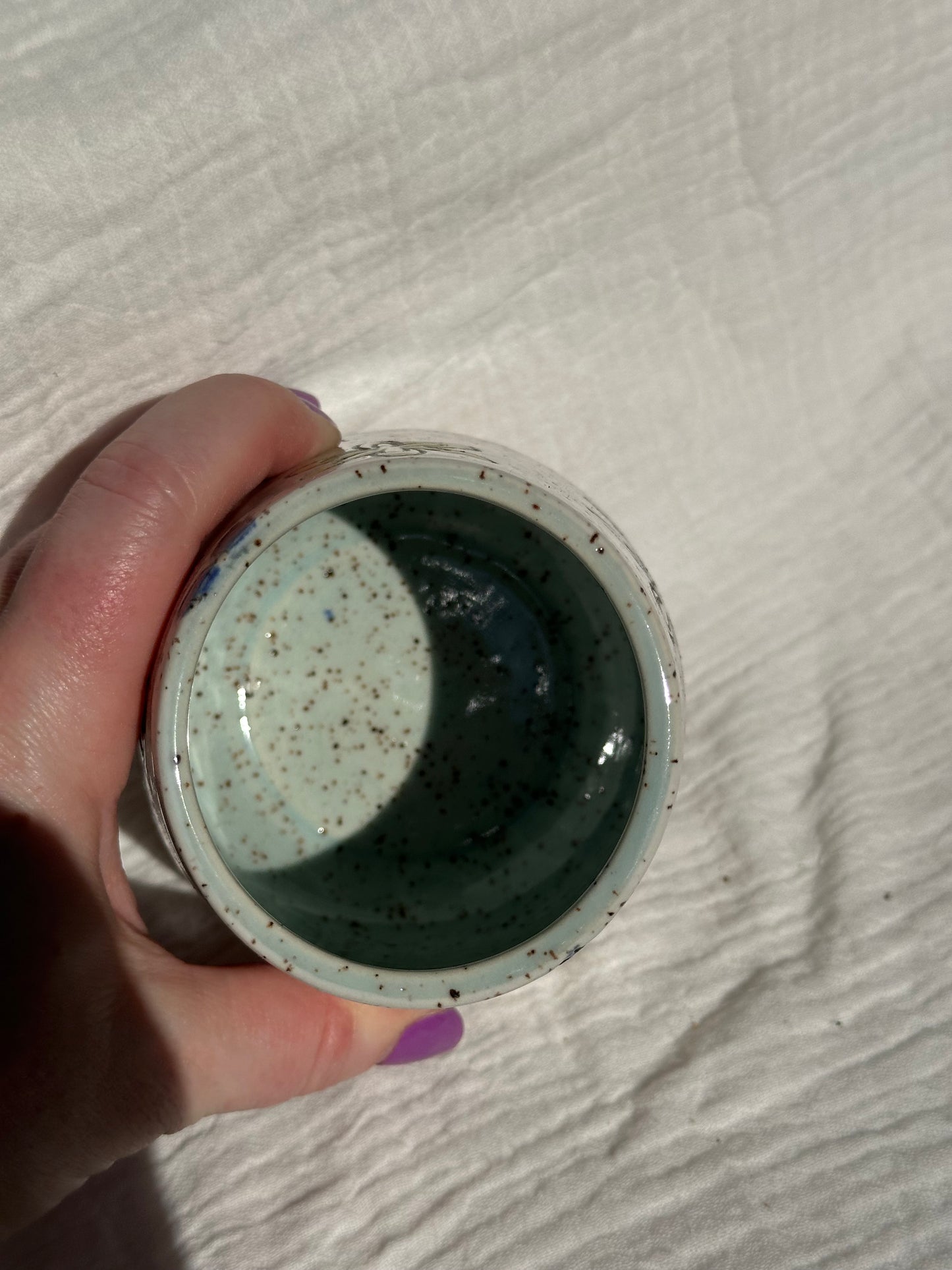 Ceramic Stoneware Carved Blue Yellow and Light Blue Carved Flowers Wine Whiskey Cup Botanical Floral Pottery Floral Tumbler