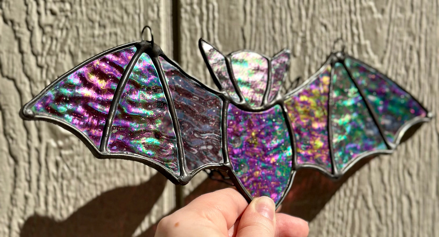 Stained Glass Halloween Bat Purple Iridescent Dichroic Dichro Black Patina Suncatcher Window Decoration Glass Art Plant Lover Gift