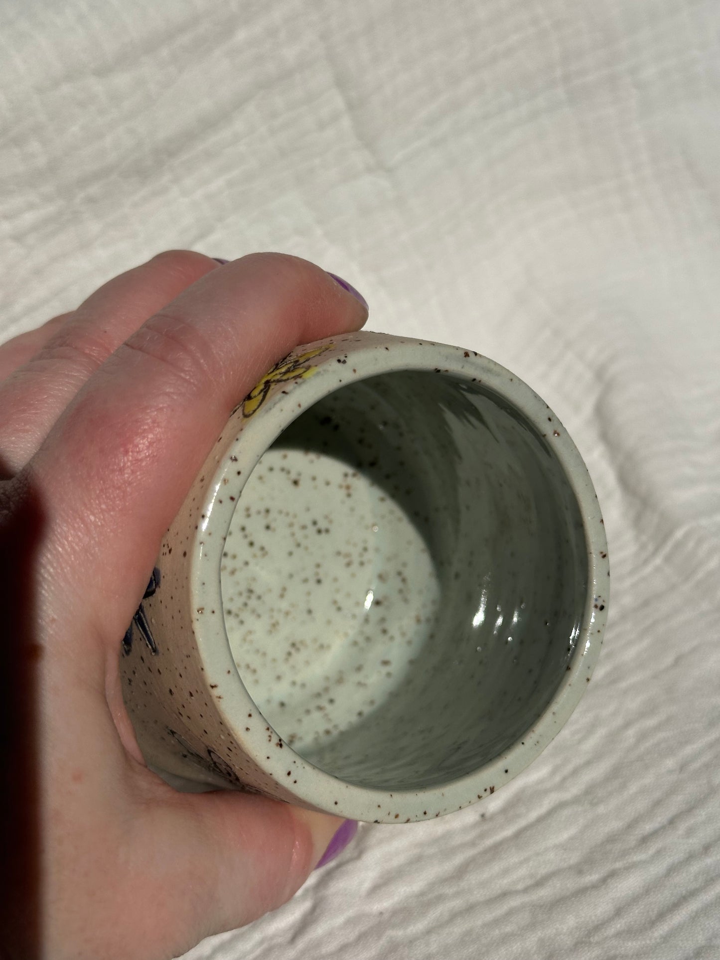 Ceramic Stoneware Carved Blue Yellow and Light Blue Carved Flowers Wine Whiskey Cup Botanical Floral Pottery Floral Tumbler