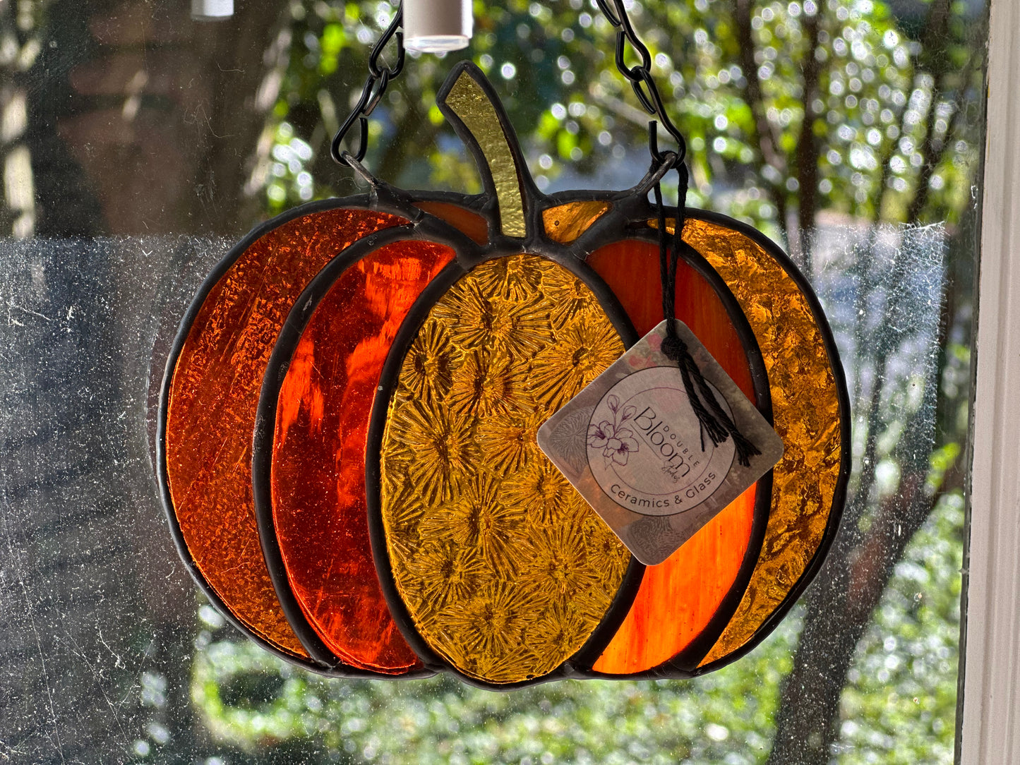 Stained Glass Halloween Pumpkin Gourd Fall Halloween Black Patina Suncatcher Window Decoration Glass Art Gift