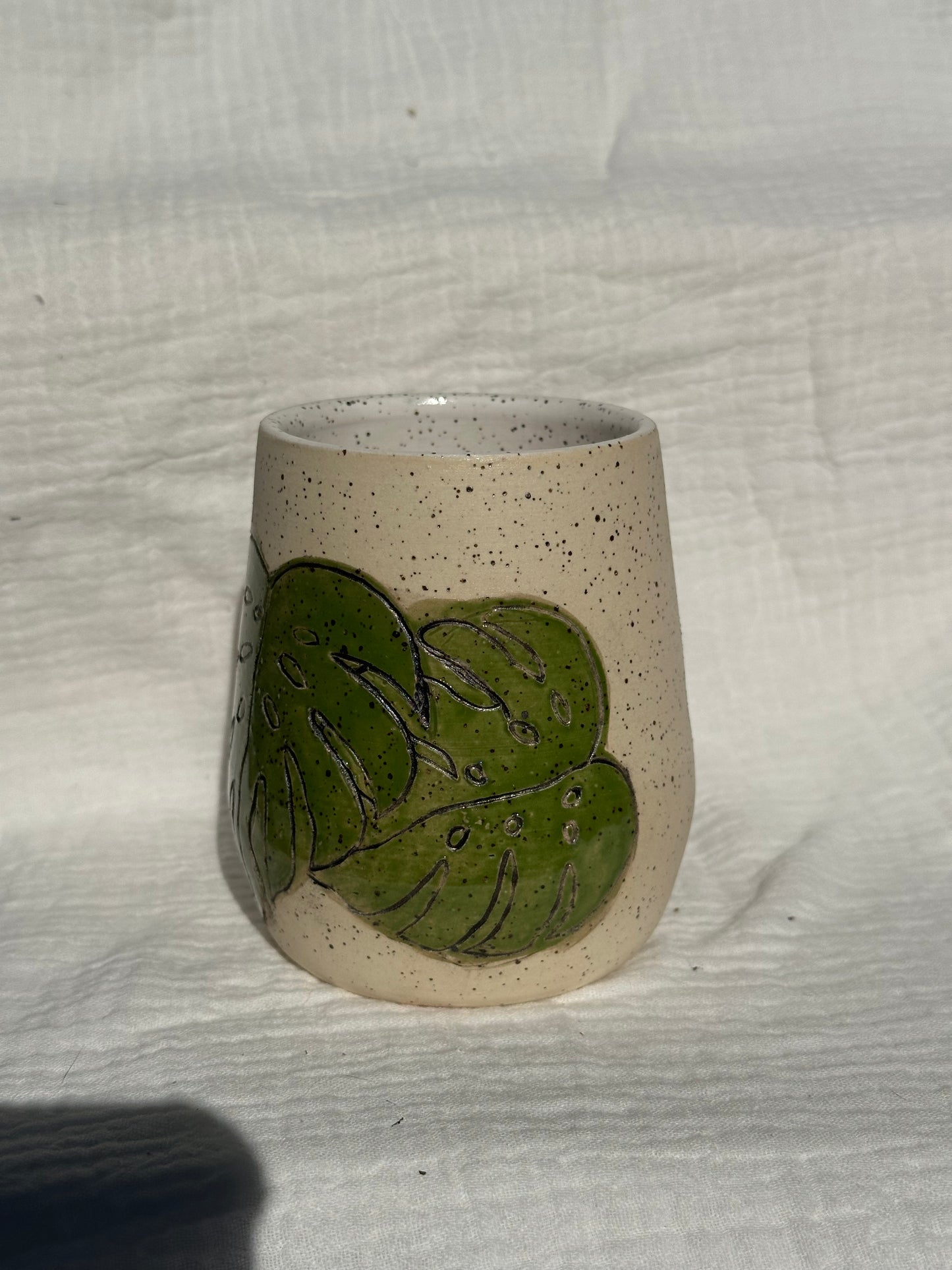 Ceramic Stoneware Carved Monstera Leaves Wine Whiskey Cup Botanical Floral Pottery Floral Tumbler