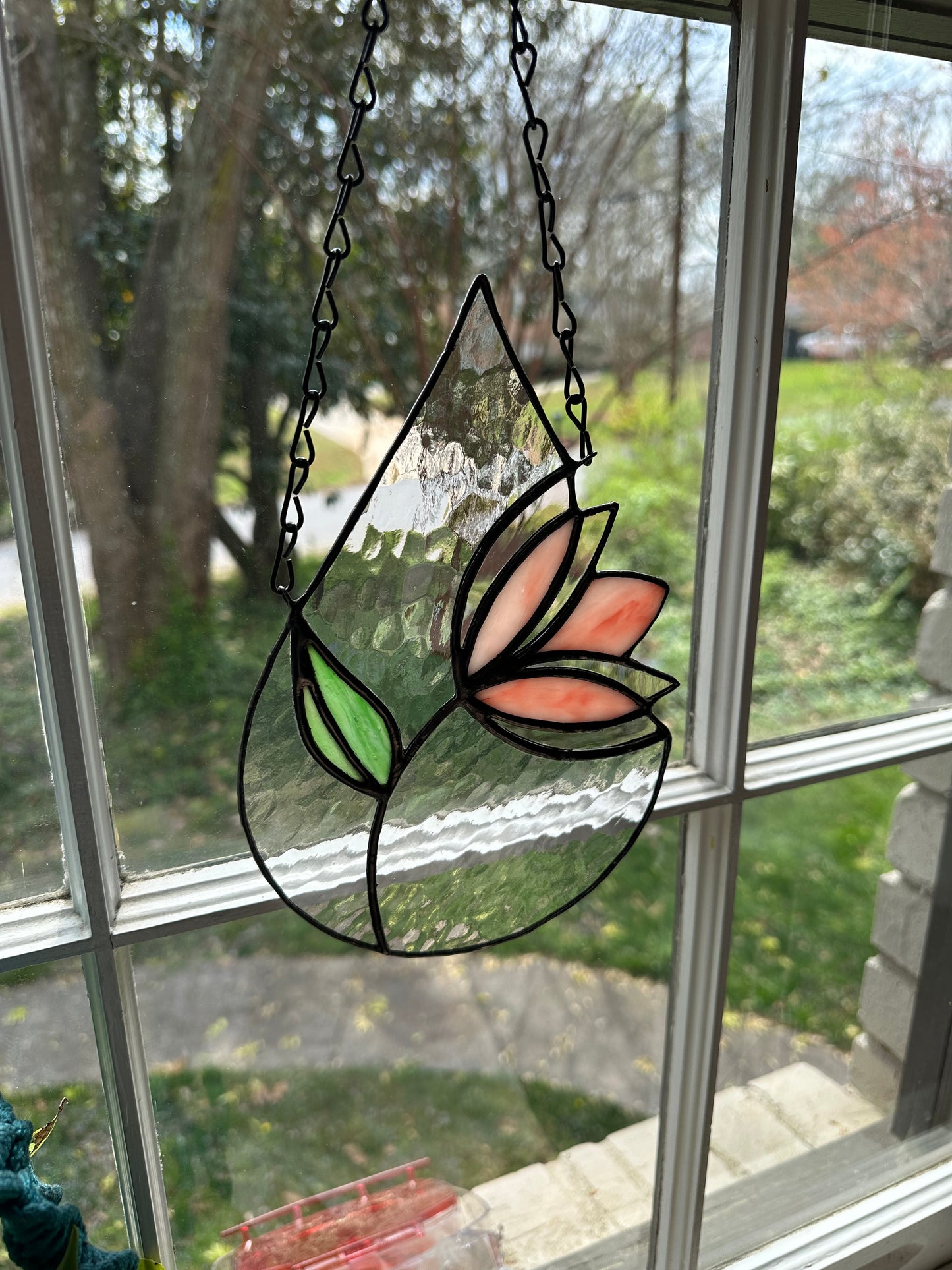 Reserved for Dana Custom Stained Glass Pink Flower Bloom in Teardrop Suncatcher Window Decoration Art Plant Lover