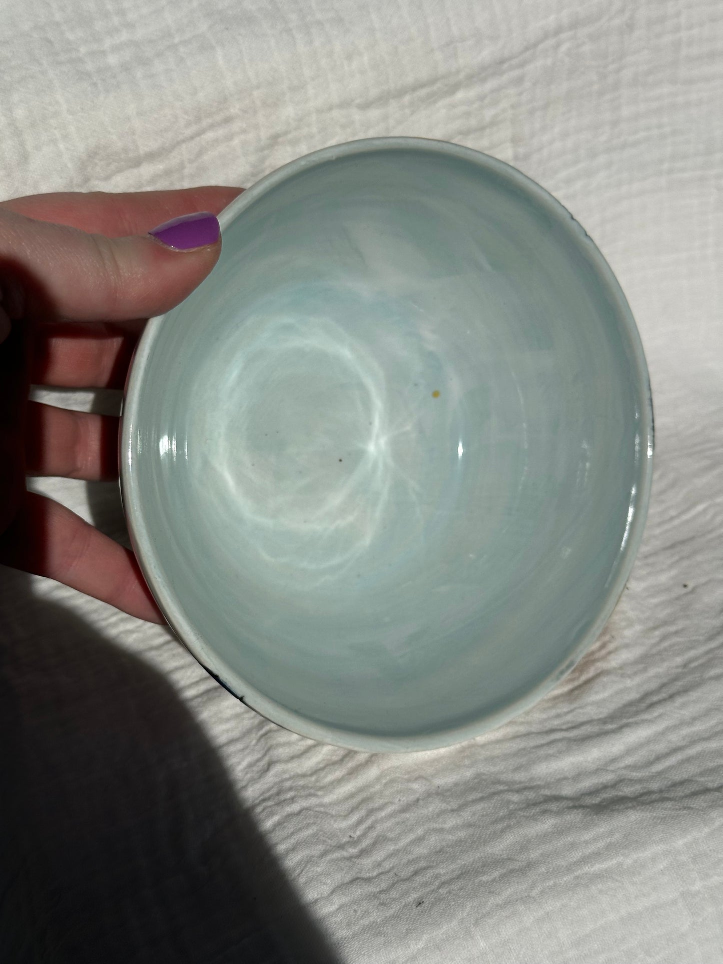 Ceramic Stoneware Blue Yellow White Carved Flowers Bowl Cereal Everyday Serving Pottery