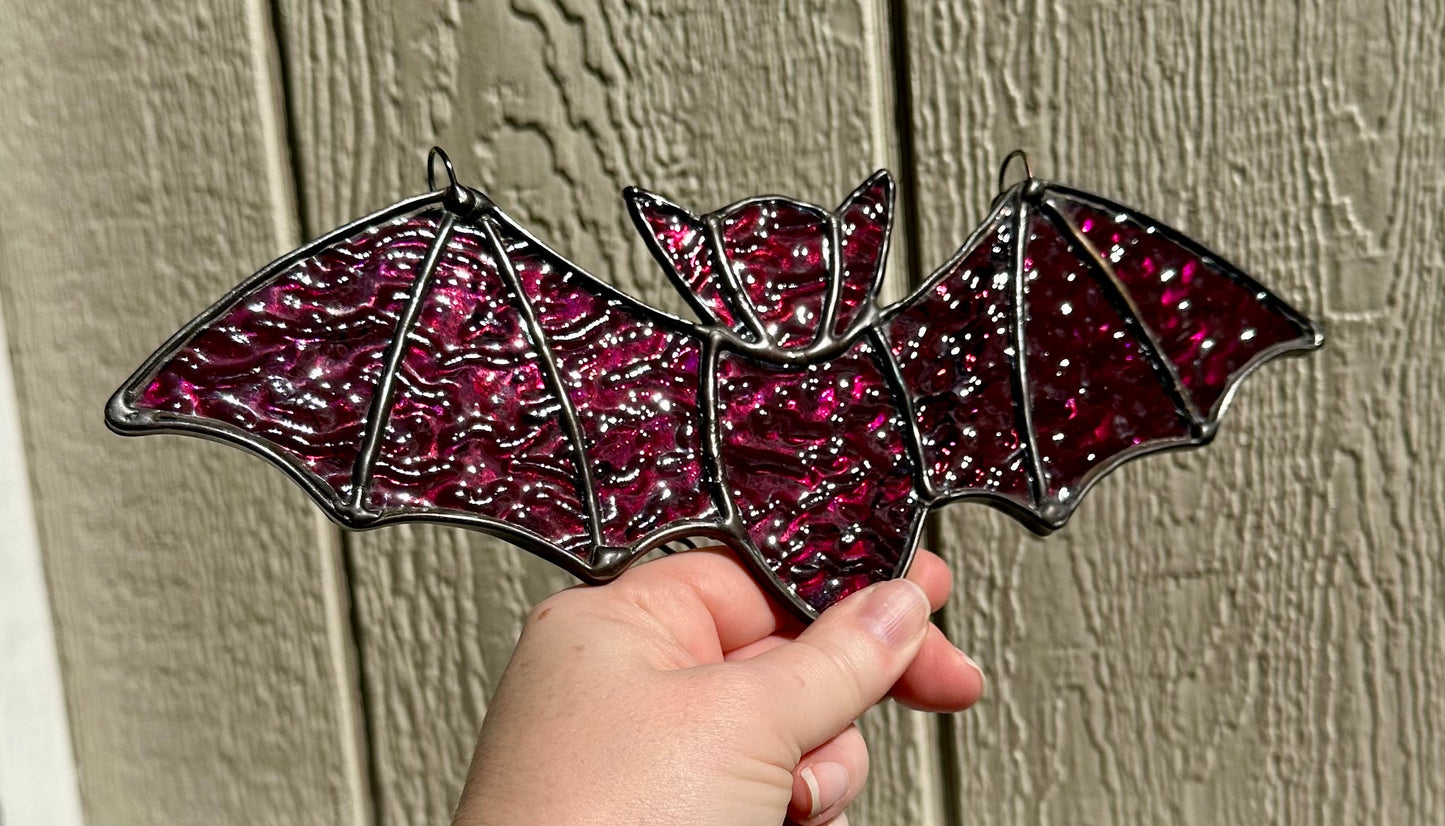 Stained Glass Halloween Bat Purple Iridescent Dichroic Dichro Black Patina Suncatcher Window Decoration Glass Art Plant Lover Gift