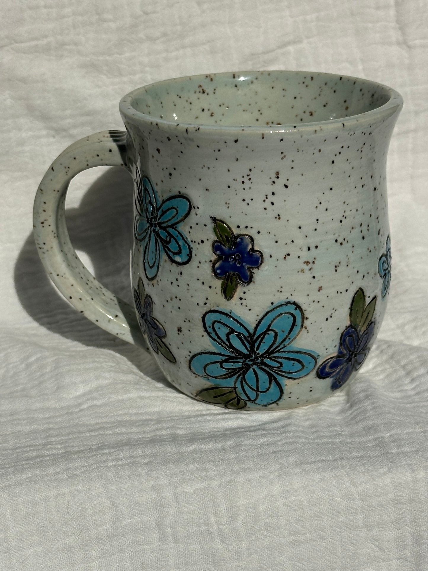 Ceramic Stoneware Carved Blue Multi Colored Flowers Coffee Tea Mug Cup Botanical Floral Pottery Floral Pride