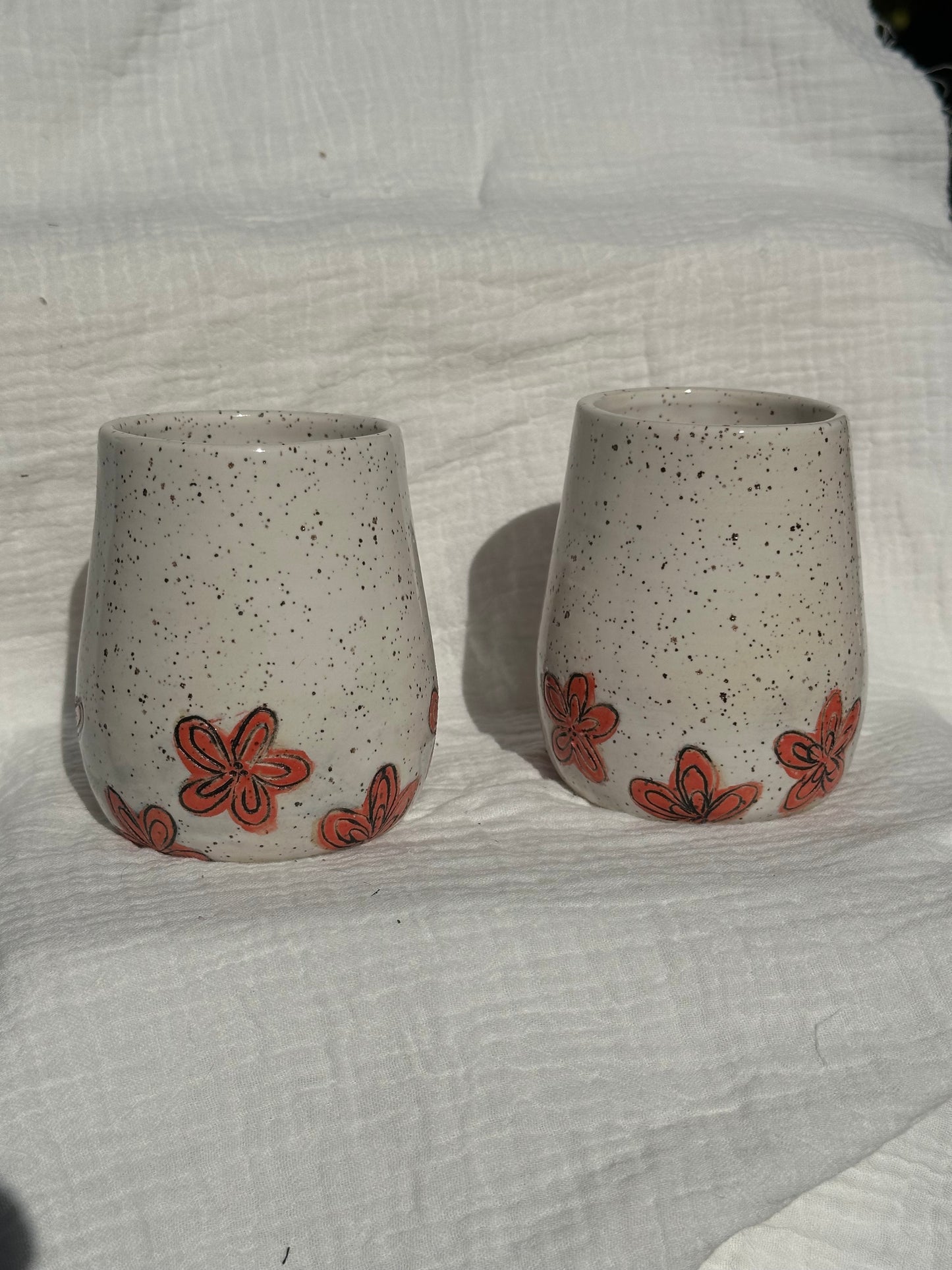Set of 2 Ceramic Stoneware Red Oeange Carved Flowers Wine Whiskey Cup Botanical Floral Pottery Floral Tumbler