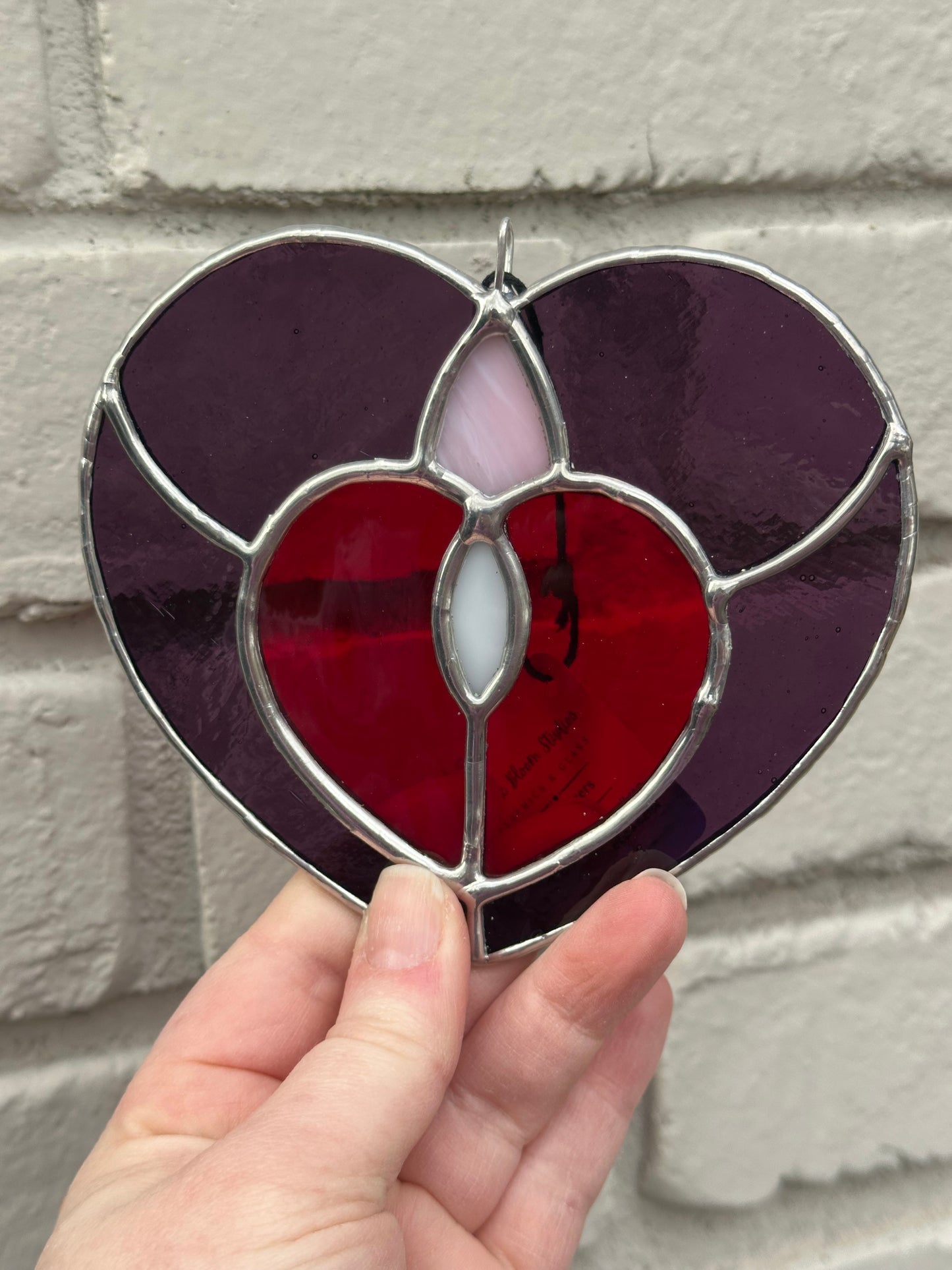 Handmade Stained Glass Valentine’s Day Heart Suncatcher Sun Catcher Window Decoration Glass Art Gift Purple Red Pink White Galentine’s Day Gal Pal