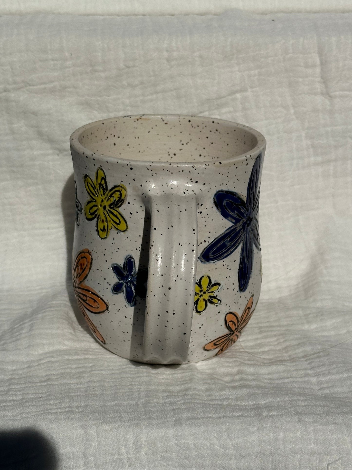 Ceramic Stoneware Carved Orange Yellow and Blue Multi Colored Flowers Coffee Tea Mug Cup Botanical Floral Pottery Floral Pride