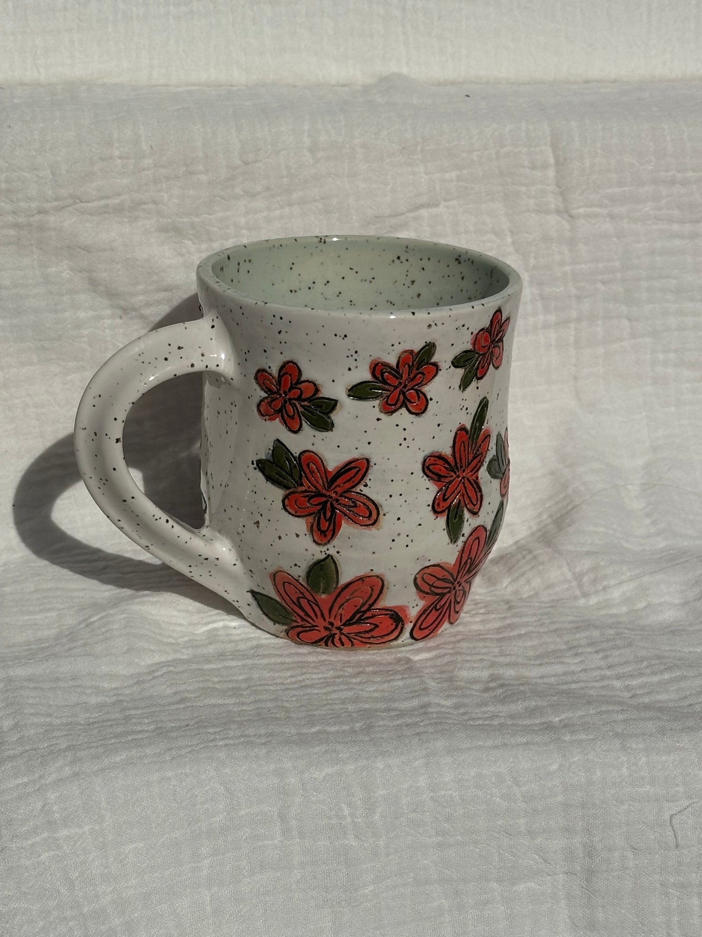 Ceramic Stoneware Carved Red Flowers Coffee Tea Mug Cup Botanical Floral Pottery Floral