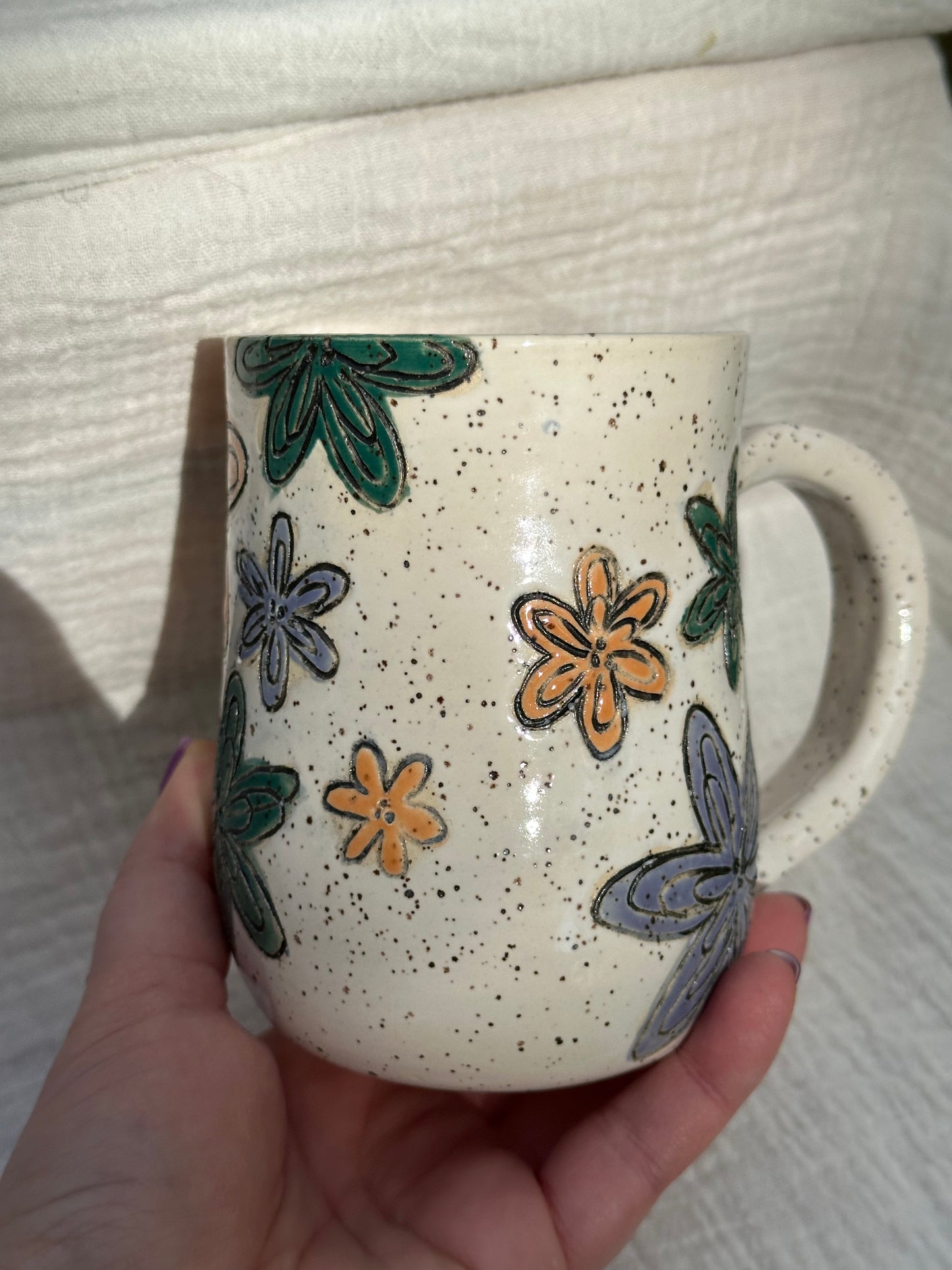 Ceramic Stoneware Carved Multi Colored Flowers Coffee Tea Mug Cup Botanical Floral Pottery Floral Pride
