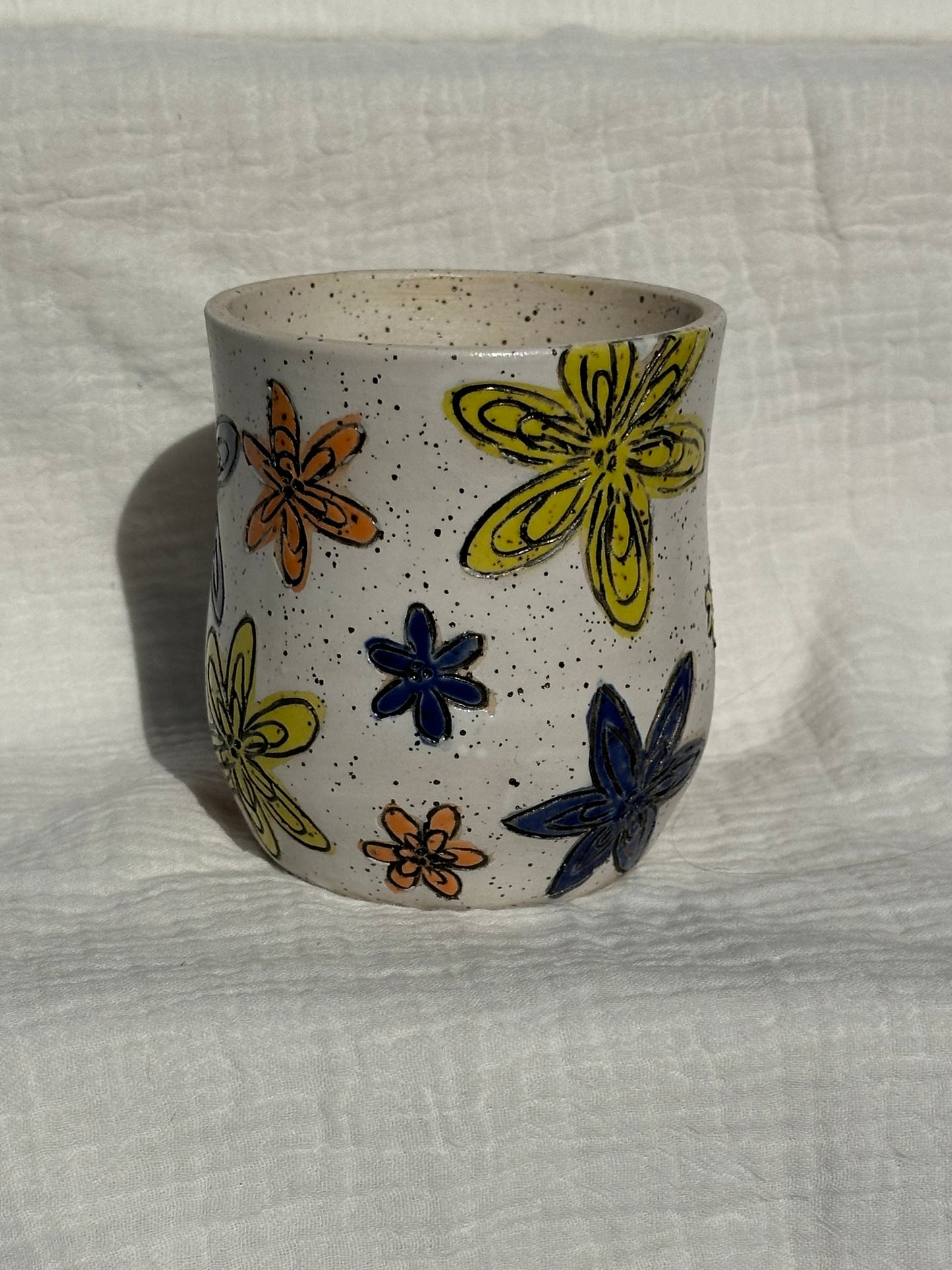 Ceramic Stoneware Carved Orange Yellow and Blue Multi Colored Flowers Coffee Tea Mug Cup Botanical Floral Pottery Floral Pride