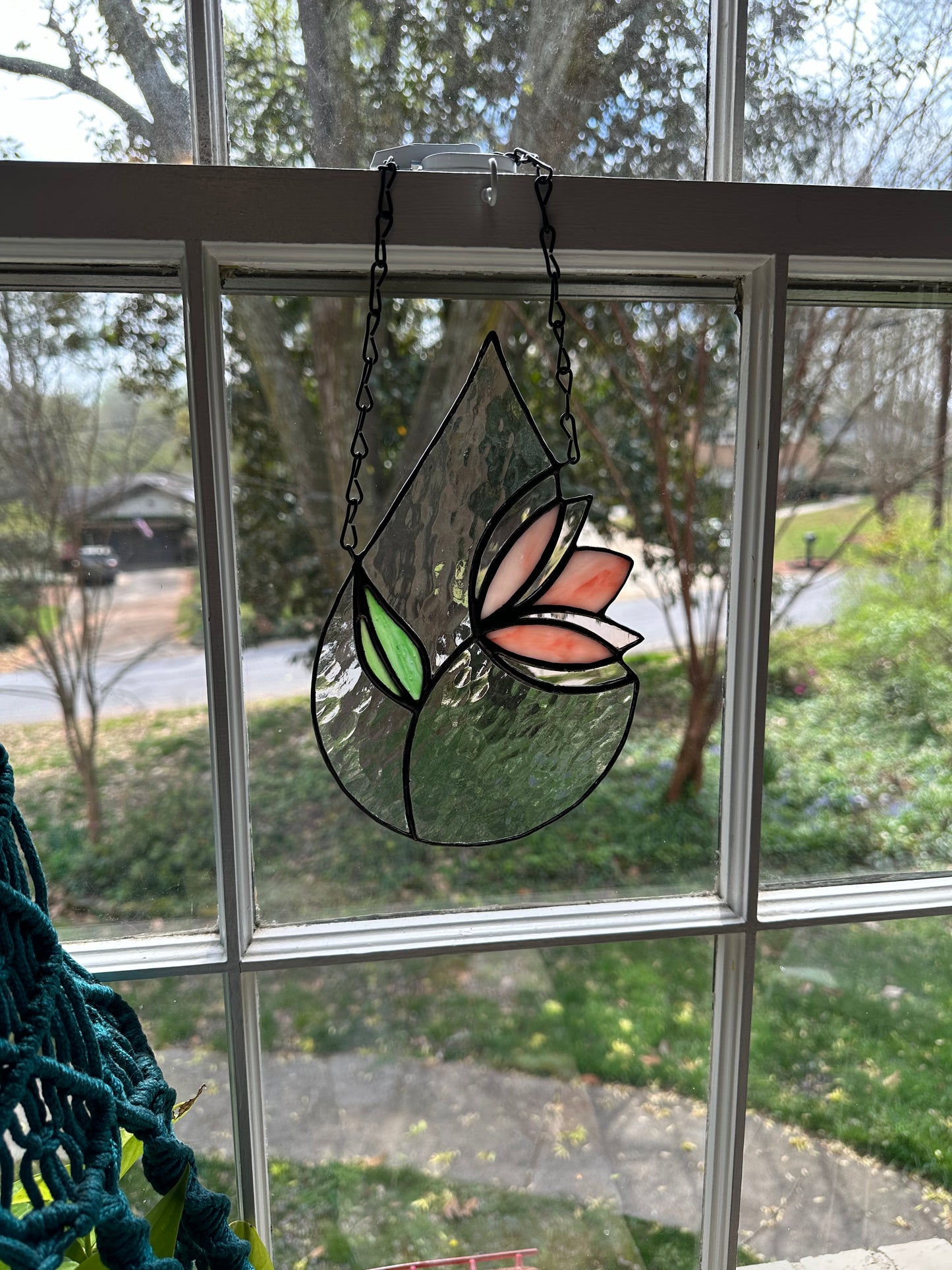 Reserved for Dana Custom Stained Glass Pink Flower Bloom in Teardrop Suncatcher Window Decoration Art Plant Lover