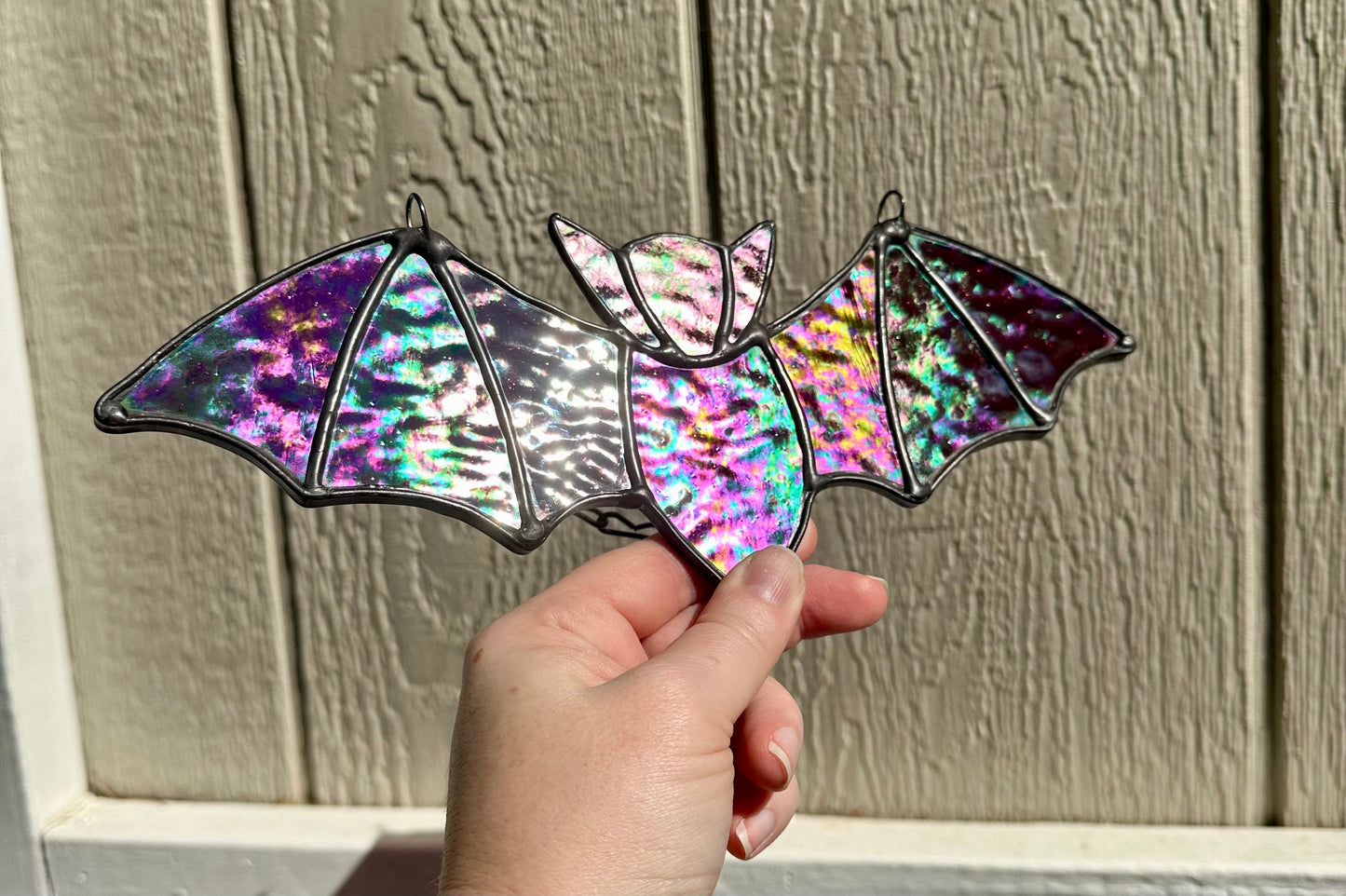Stained Glass Halloween Bat Purple Iridescent Dichroic Dichro Black Patina Suncatcher Window Decoration Glass Art Plant Lover Gift