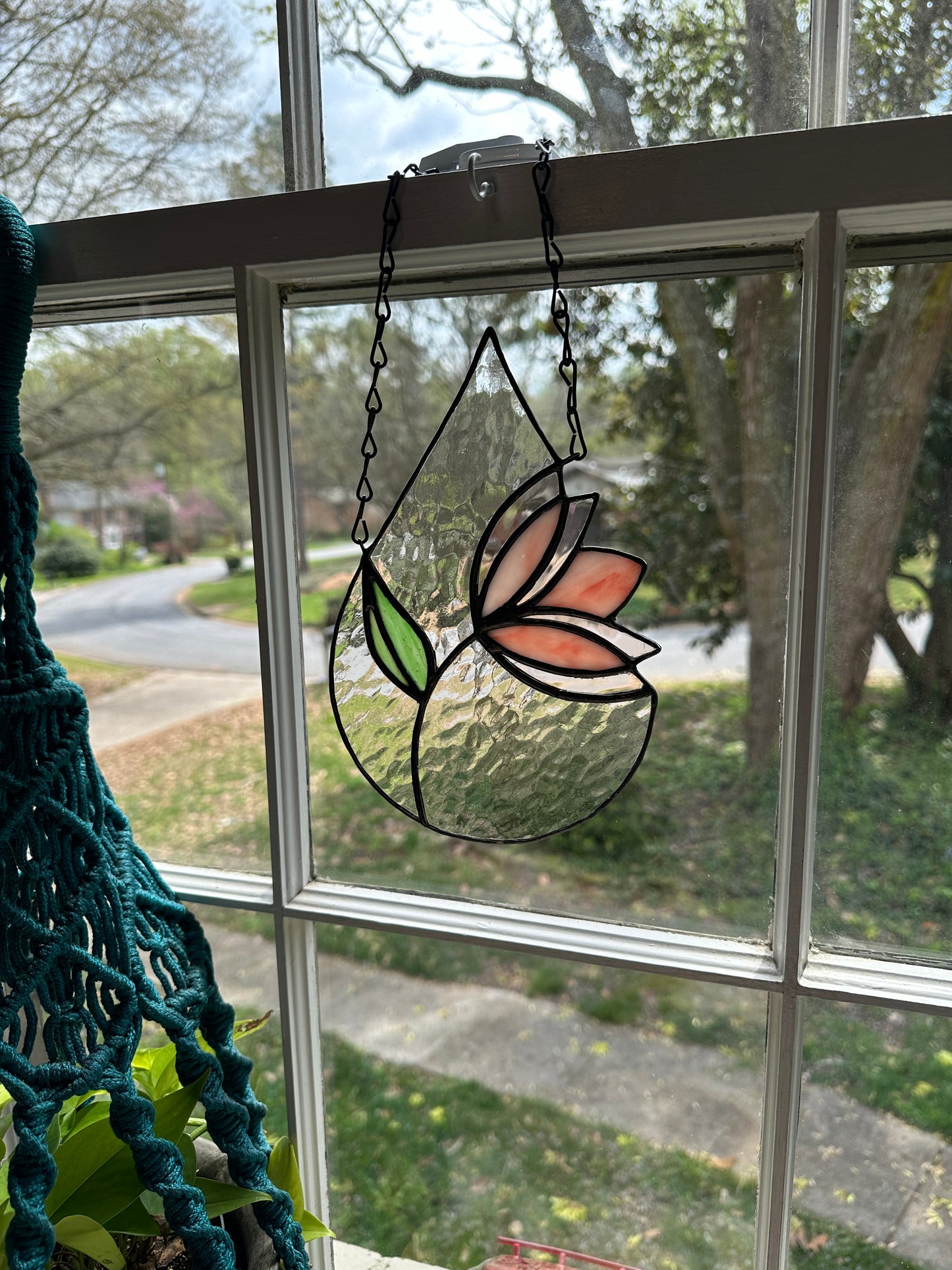Reserved for Dana Custom Stained Glass Pink Flower Bloom in Teardrop Suncatcher Window Decoration Art Plant Lover