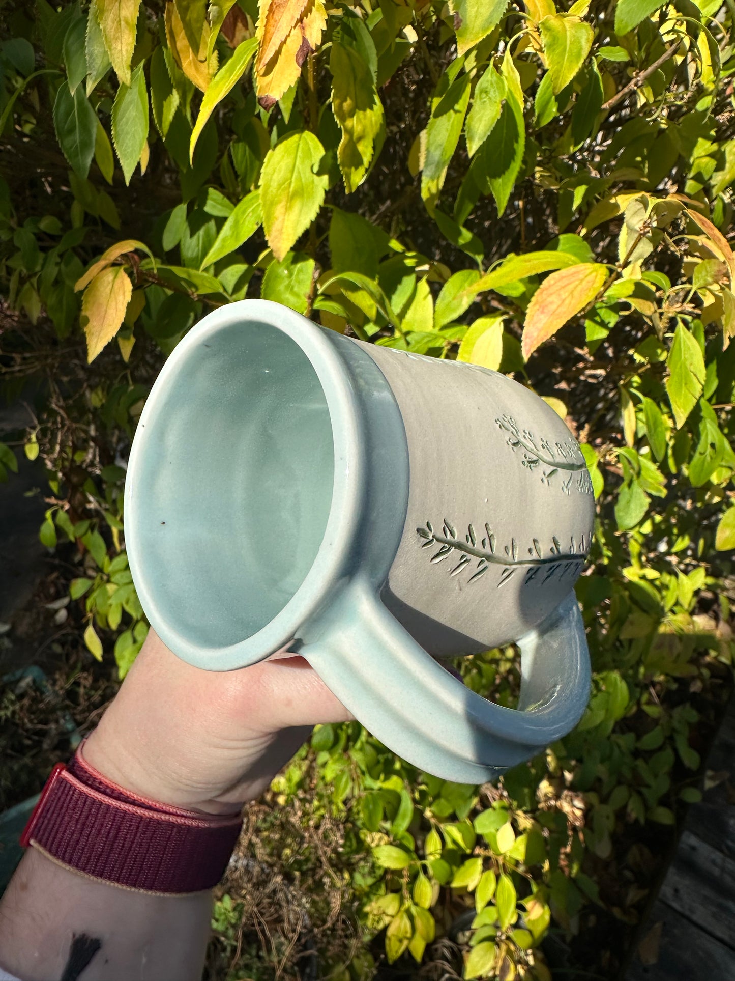 RESERVED Ceramic Stoneware Carved Vines Coffee Tea Mug Cup Botanical Floral Pottery Floral Pride