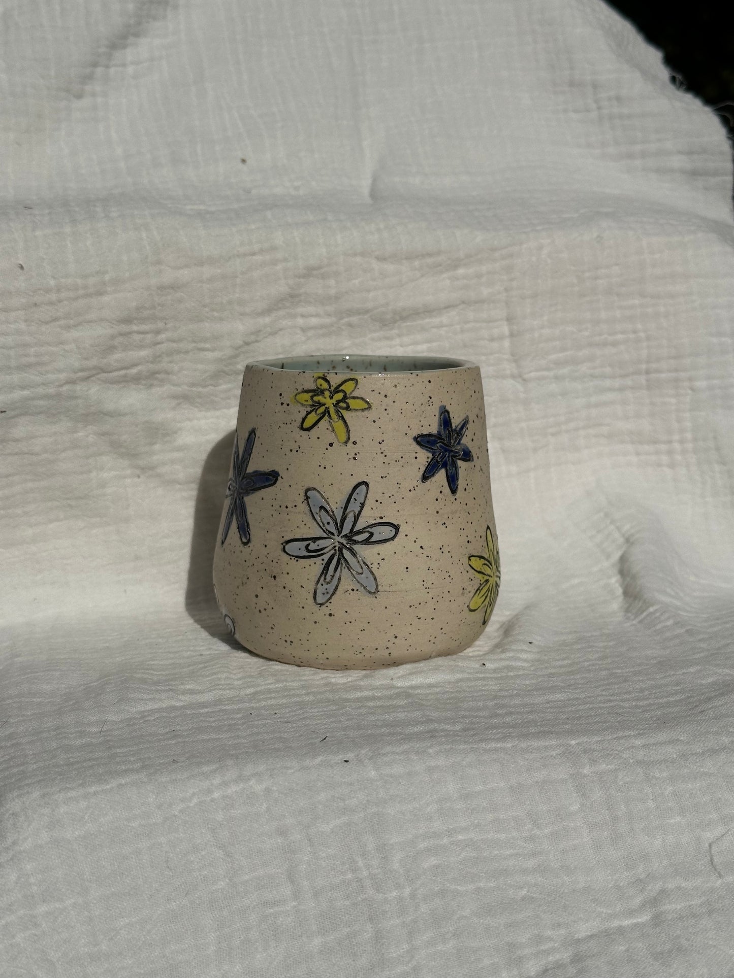 Ceramic Stoneware Carved Blue Yellow and Light Blue Carved Flowers Wine Whiskey Cup Botanical Floral Pottery Floral Tumbler