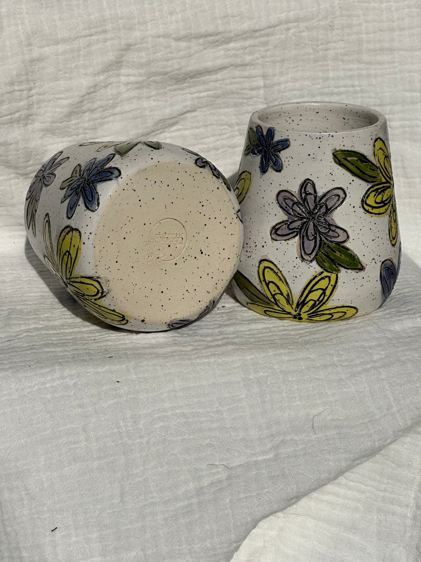 Set of 2 Ceramic Stoneware Carved Flowers Wine Whiskey Cup Botanical Floral Pottery Floral Tumbler