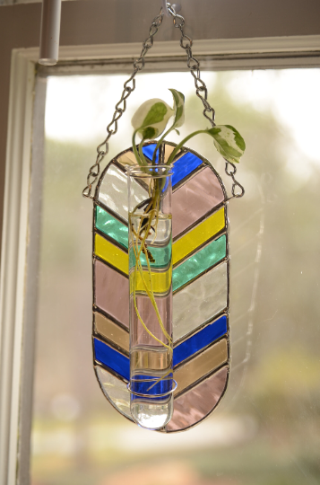 Stained Glass Plant Propagation Station Suncatcher Sun Catcher Chevron Vintage Modern Style Window Hanging Yellow Green Purple Blue Handmade