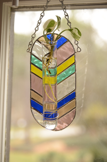 Stained Glass Plant Propagation Station Suncatcher Sun Catcher Chevron Vintage Modern Style Window Hanging Yellow Green Purple Blue Handmade