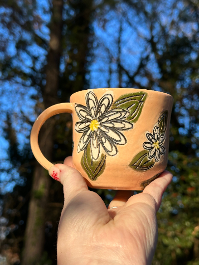 Handmade Ceramic Stoneware Carved White Daisy Flowers Peach Coffee Tea Mug Cup Botanical Floral Pottery Floral