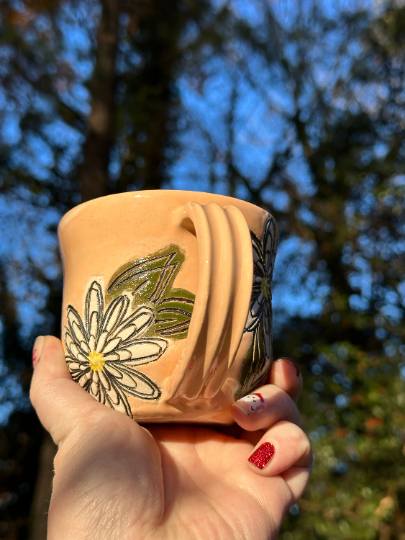 Handmade Ceramic Stoneware Carved White Daisy Flowers Peach Coffee Tea Mug Cup Botanical Floral Pottery Floral