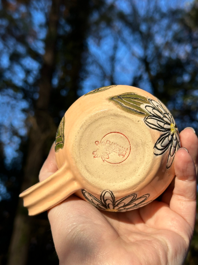 Handmade Ceramic Stoneware Carved White Daisy Flowers Peach Coffee Tea Mug Cup Botanical Floral Pottery Floral