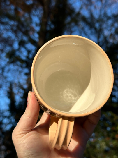 Handmade Ceramic Stoneware Carved White Daisy Flowers Peach Coffee Tea Mug Cup Botanical Floral Pottery Floral