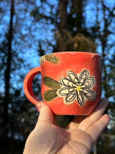 Handmade Ceramic Stoneware Carved White Daisy Flowers Coral Coffee Tea Mug Cup Botanical Floral Pottery Floral