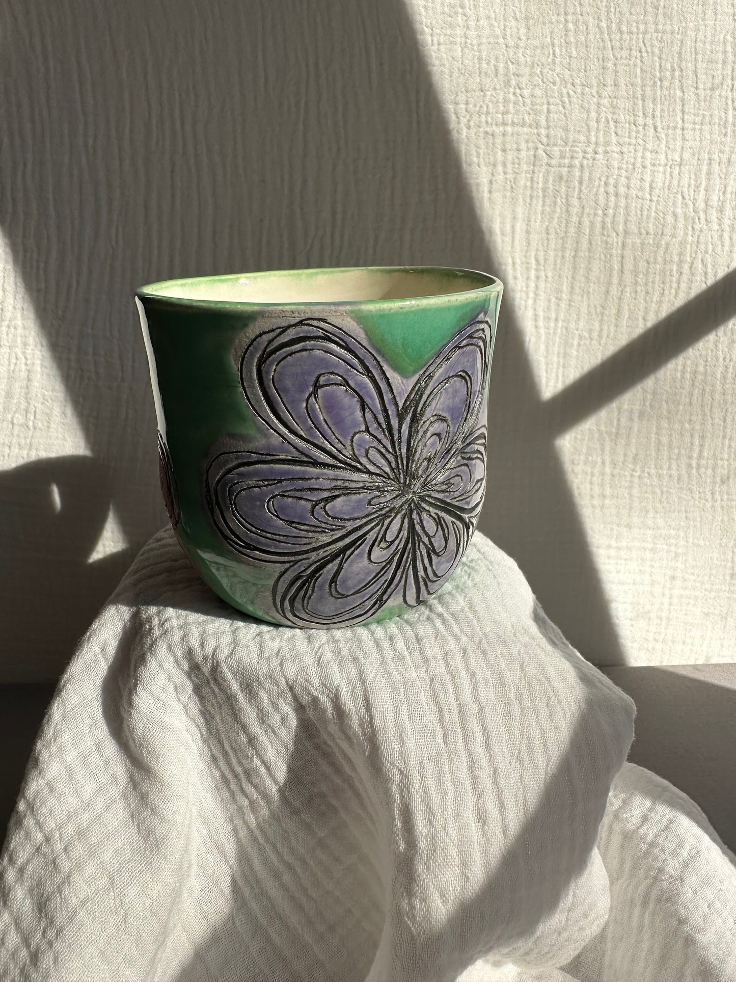 Handmade Ceramic Stoneware Carved Green with Red Yellow and Purple Flowers Coffee Tea Mug Botanical Pottery