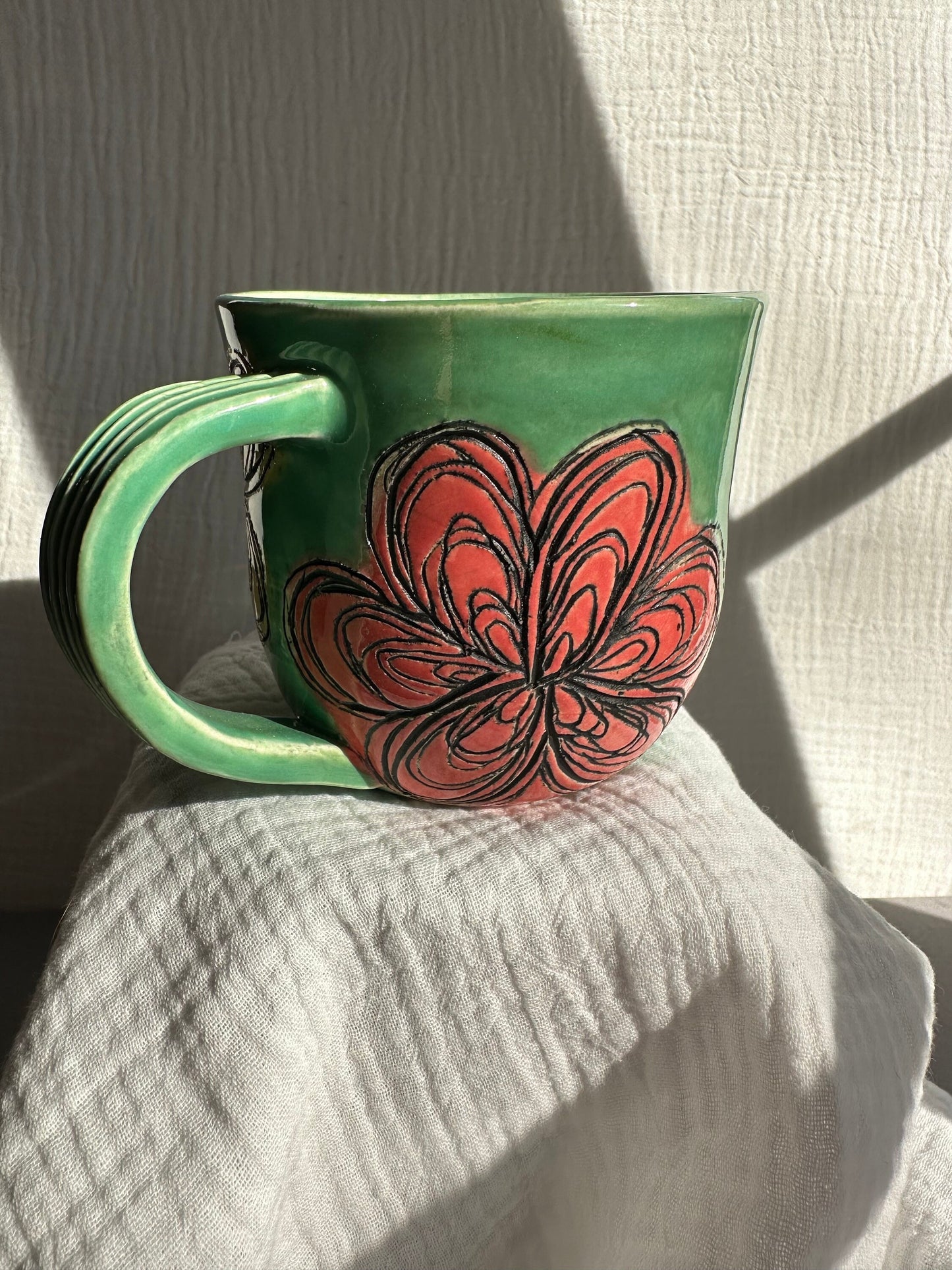 Handmade Ceramic Stoneware Carved Green with Red Yellow and Purple Flowers Coffee Tea Mug Botanical Pottery