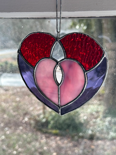 Handmade Stained Glass Valentine’s Day Heart Suncatcher Sun Catcher Window Decoration Glass Art Gift Red Purple Pink Galentine’s Day Gal Pal