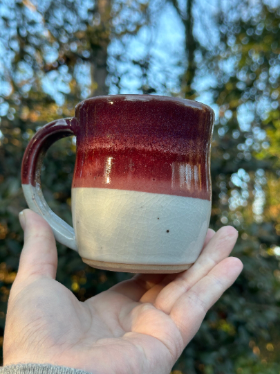 Handmade Ceramic Stoneware Purple White Shino Red Coffee Tea Mug Pottery