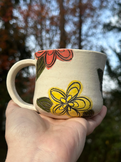 Handmade Ceramic Stoneware Carved Rainbow Flowers Coffee Tea Mug Cup Botanical Floral Pottery Floral Pride