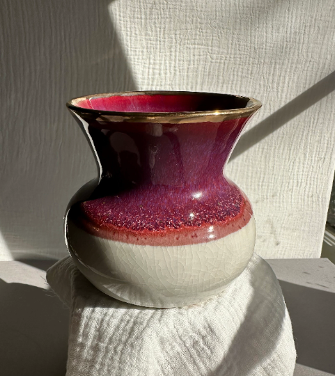 Handmade Ceramic Stoneware Red Pink and White with Gold Luster Accents Flower Bud Vase Pottery