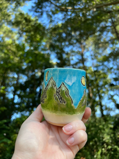 Handmade Ceramic Stoneware Carved Mountain Alpine Views Wine Cup Whiskey Glass Tumbler Pottery