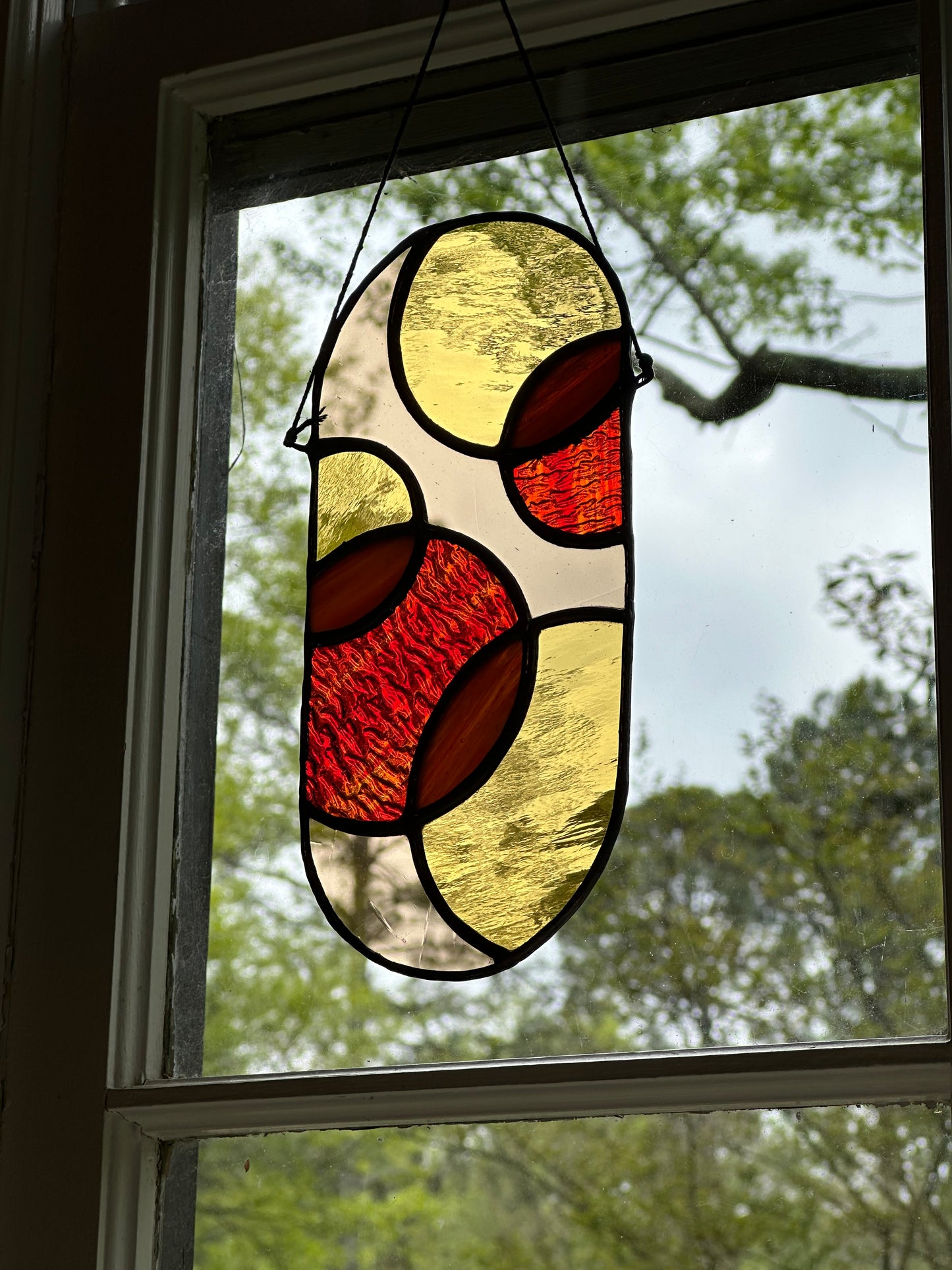Stained Glass Yellow Red Amber Geometric  Circles Suncatcher Window Decoration Glass Art Gift Sun Catcher