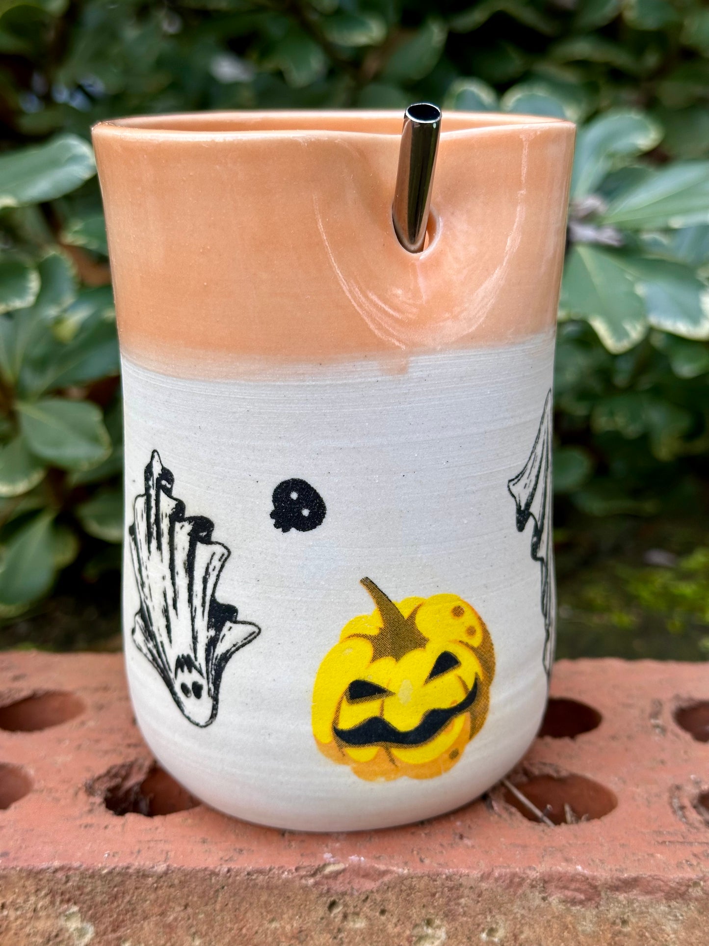 Ceramic Stoneware Halloween Sipper Cup #2 with Straw Coffee Tea Mug Cup Pottery