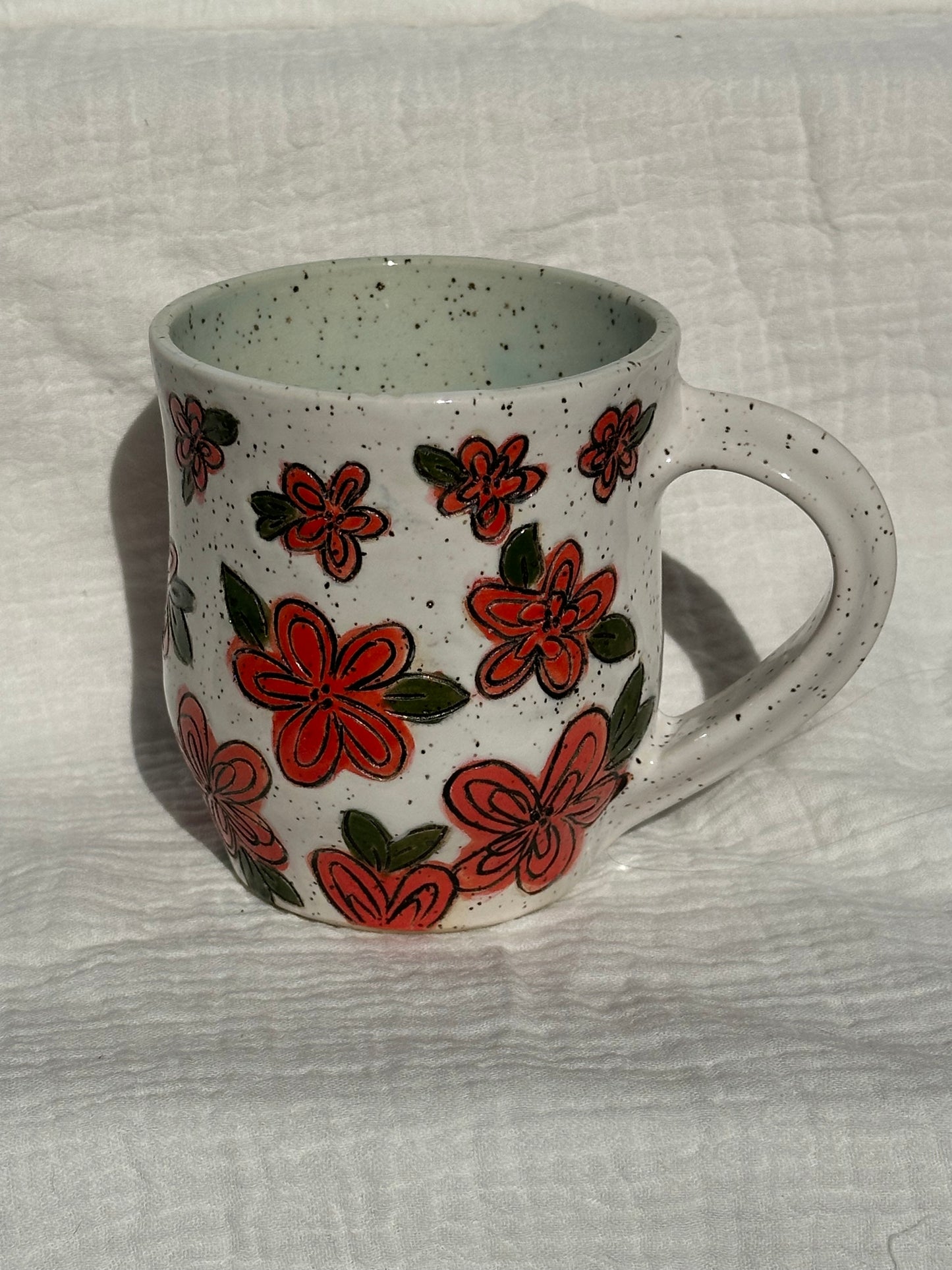 Ceramic Stoneware Carved Red Flowers Coffee Tea Mug Cup Botanical Floral Pottery Floral
