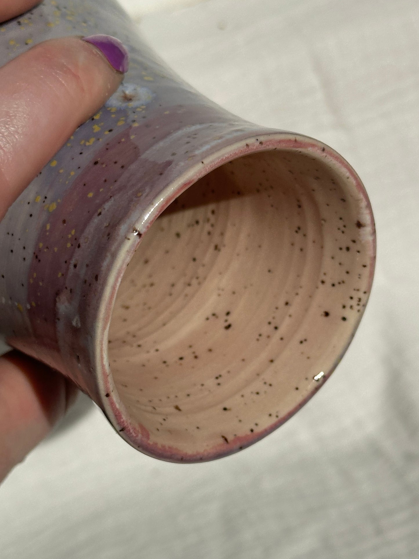 Ceramic Stoneware Pink and Purple Speckled Utensil Holder Vase Pottery Floral