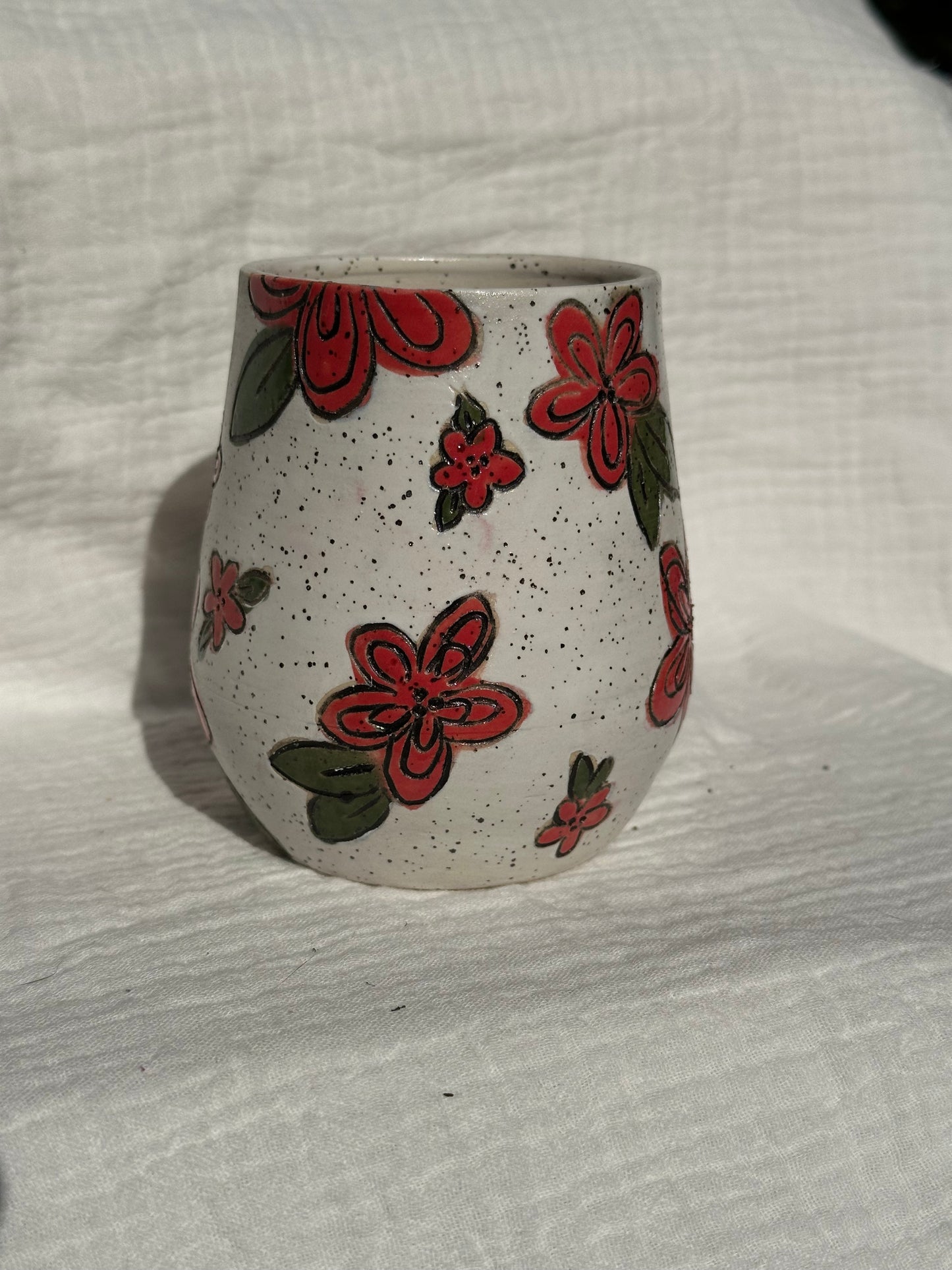Ceramic Stoneware Carved Red Flowers Wine Whiskey Cup Botanical Floral Pottery Floral Tumbler